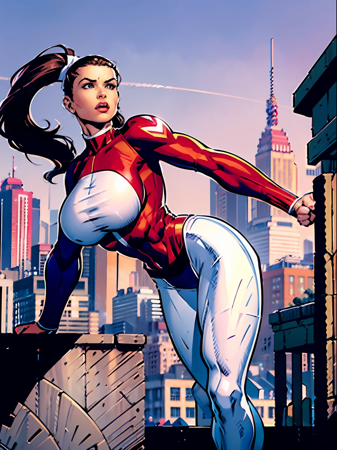 action scene, running, dynamic action, masterpiece, high quality, dynamic action, high definition, Stretcher comic book woman, elasticity, long hair, huge ponytail, athletic, toned, thin, womanly, rubbery, elastic woman, ((white and red spandex)), rubber body, brunette, (((huge breasts))), city street, daytime, heroic, cheerful,