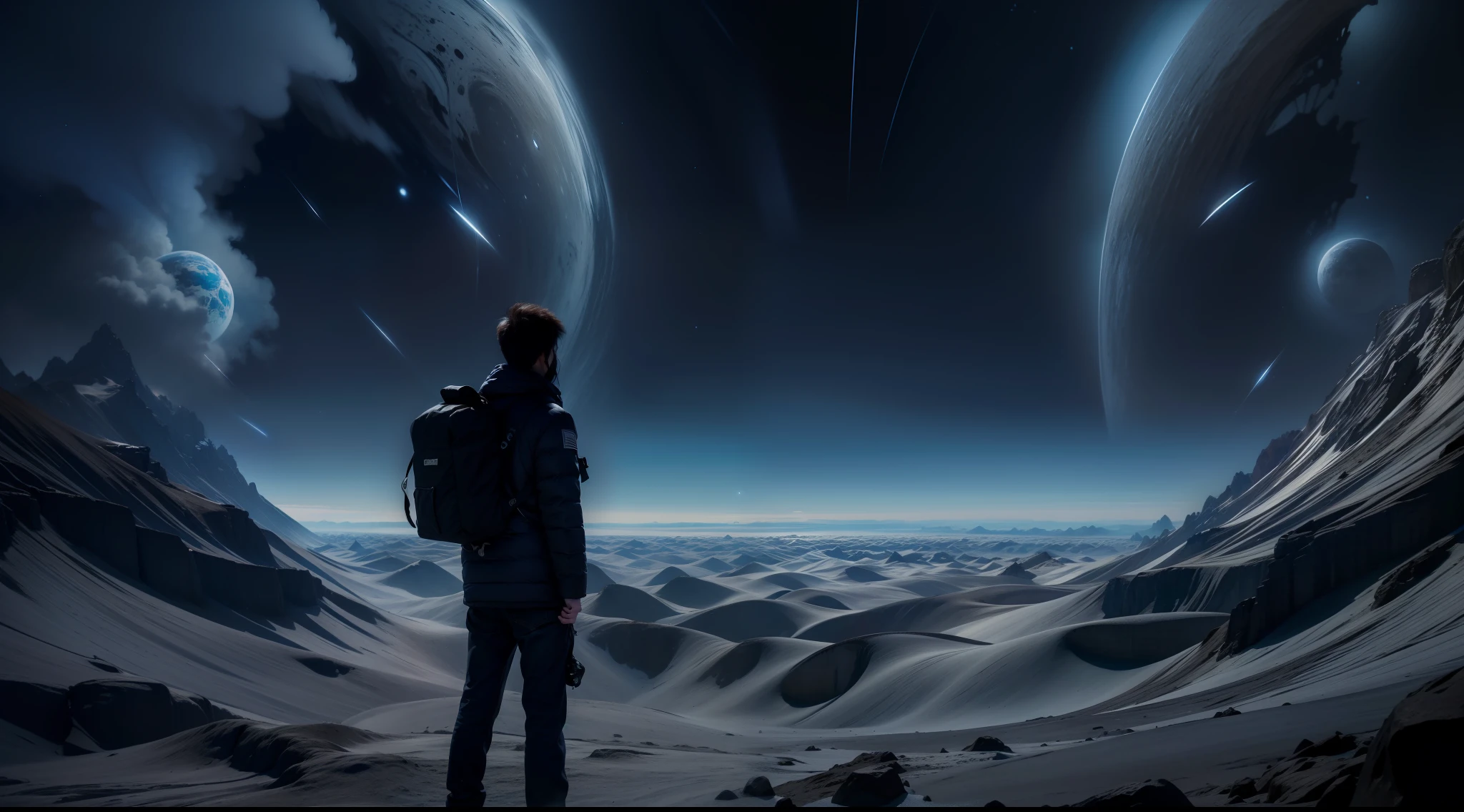 Immerse us in the depths of the cold and deep universe, Where darkness reigns。Distant stars々A faint twinkle in the jet-black void like a distant memory、Create eerie and enigmatic space images。Let the emptiness of the universe expand endlessly.、Only the faint glow of distant celestial bodies delimits its space。Using AI、Create a sense of isolation in the space、Let the vastness of the universe be a canvas of deep shadows and inexplicable darkness。. Very realistic, Photography,  One-person viewpoint, Super Detail, high detailing, High quality, in 8K