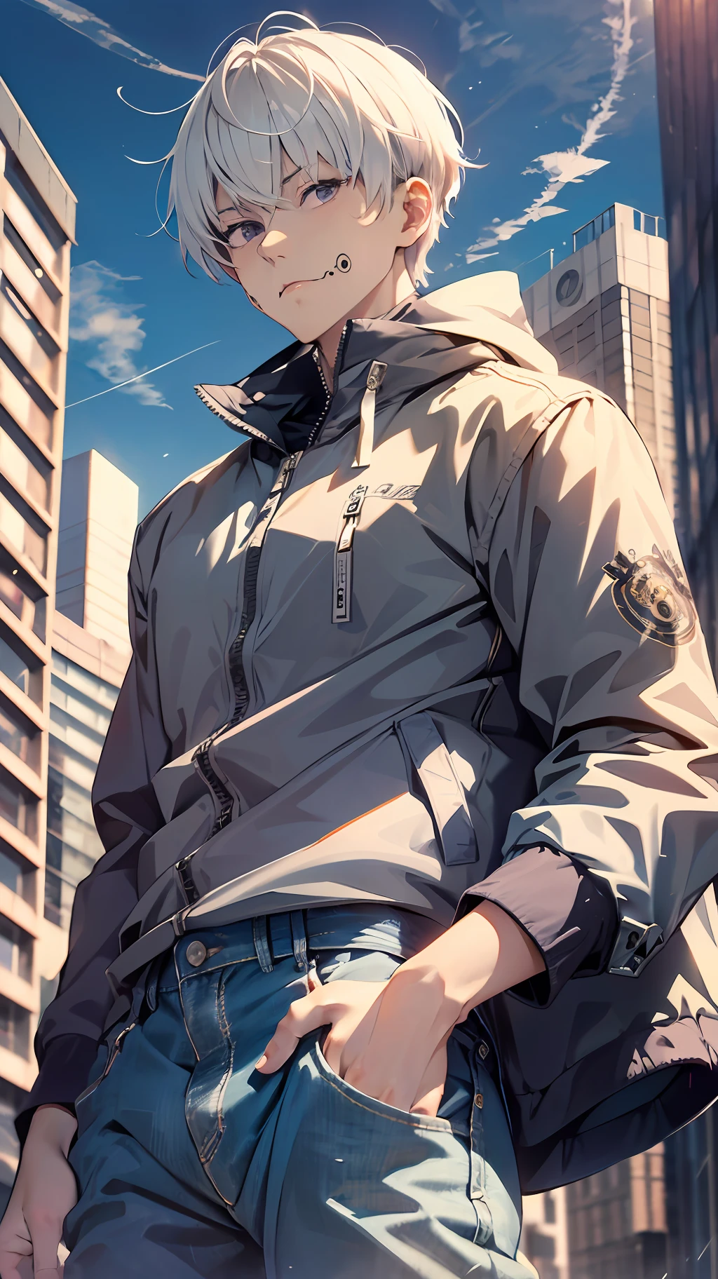 (absurdres, highres, ultra detailed, HDR), masterpiece, best quality, 1boy, solo, handsome, short hair, ((inumaki toge)), ((facial tattoo)), white hair, closed mouth, ((jacket and jeans)), city, clear sky and horizon, sunny, windy, from below