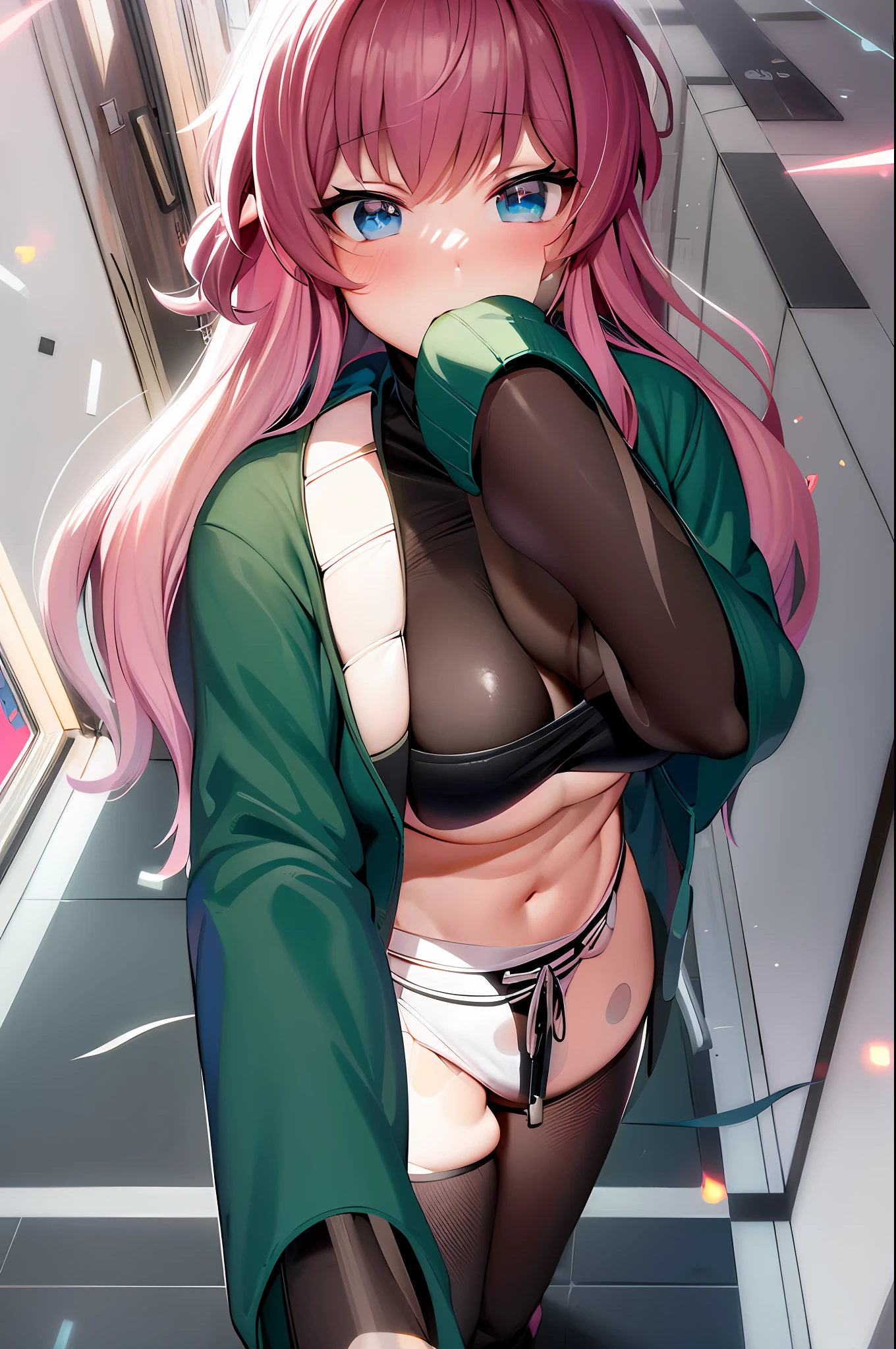 Anime girl with pink hair and blue eyes standing in a hallway, Ilya Kuvshinov com cabelo longo, anime sedutora, anime moe artstyle, humanoid pink female squid girl, haruno sakura, feito com anime painter studio, Menina com cabelo longo, Anime Garota do Futuro, arte cg anime suave, visual anime de uma menina bonit