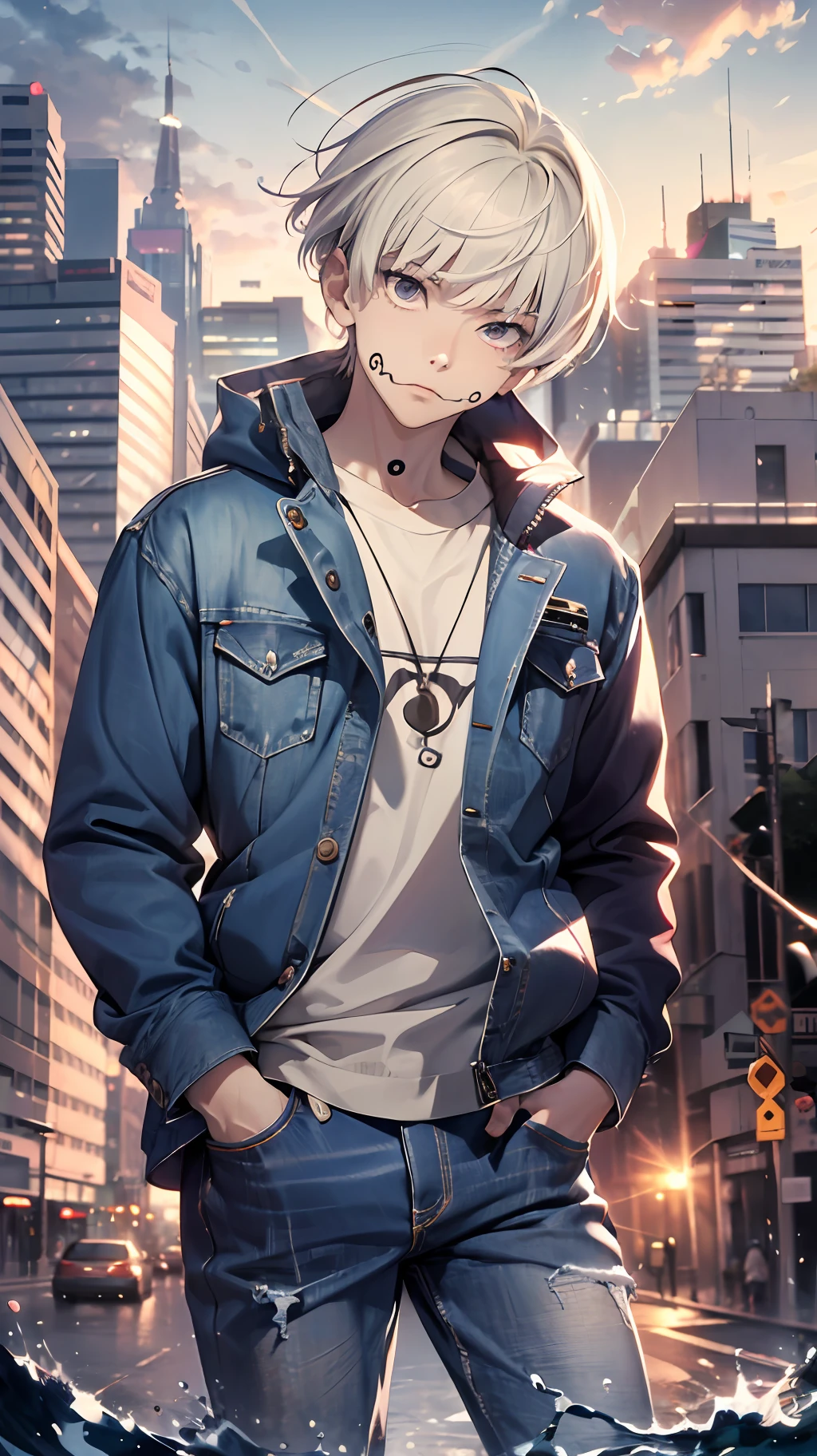 (absurdres, highres, ultra detailed, HDR), masterpiece, best quality, 1boy, solo, handsome, short hair, ((inumaki toge)), ((facial tattoo)), white hair, closed mouth, ((jacket and jeans)), city, clear sky and horizon, sunny, windy, from below