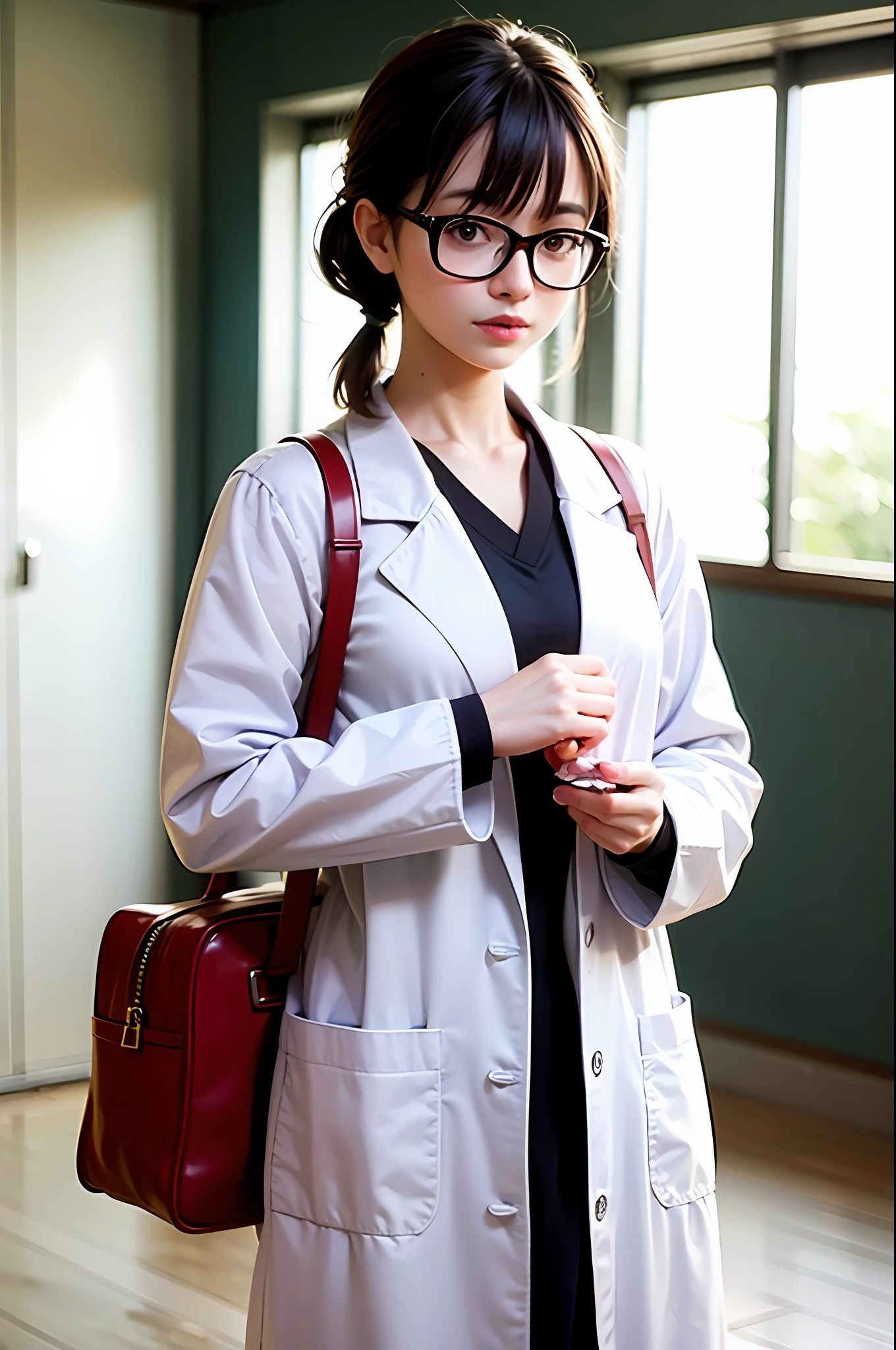 japanes、28 year old、Looks faint-hearted、light skinned、Light makeup、dark brown hair、poneyTail、Gentle、Wearing red-rimmed glasses、wearing lab coat、Bangs are down