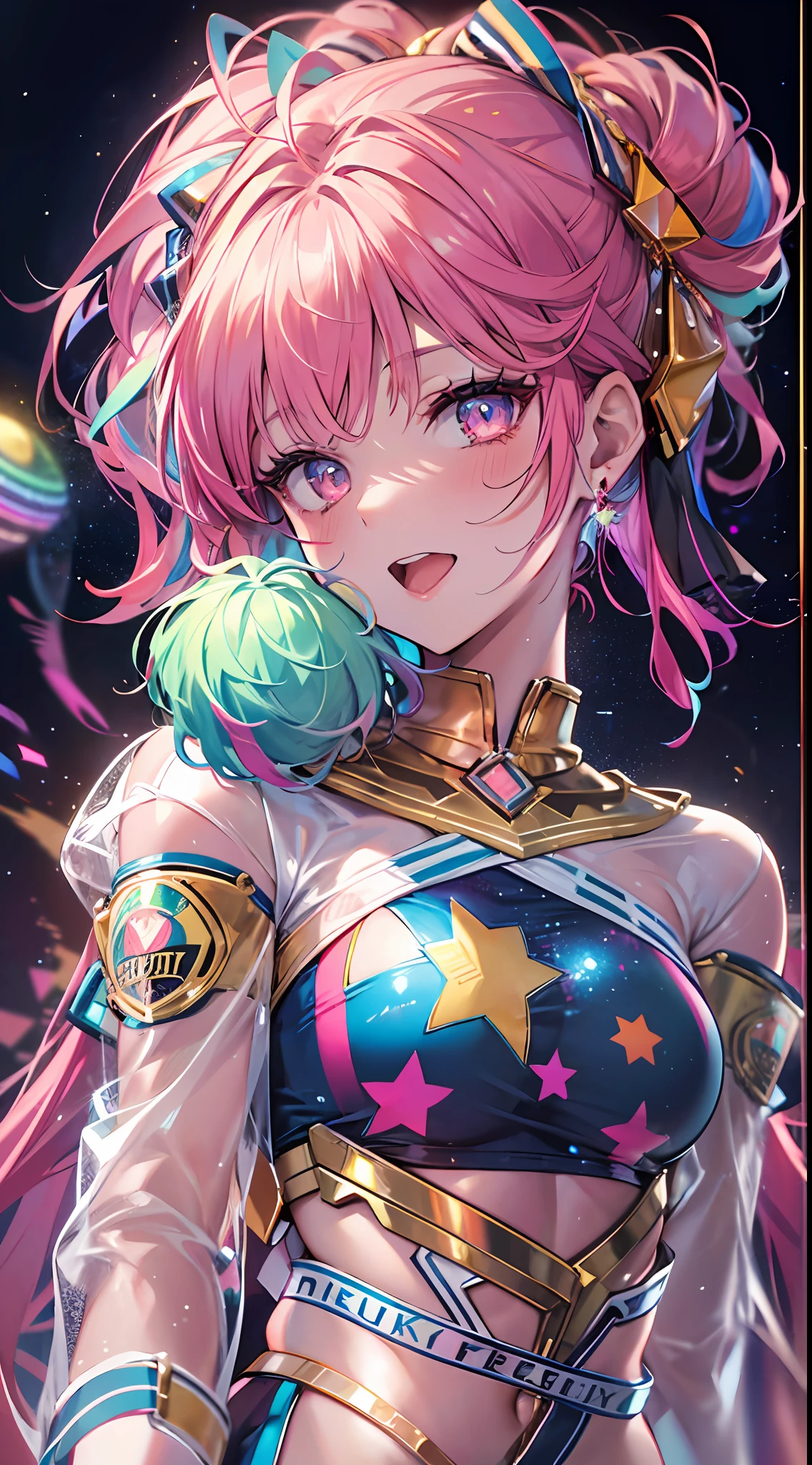 ((Masterpiece)), best quality, absurderes, ultra detailed, 8k, dynamic pose, super complex details, intricate details, holographic, cowboy shot, golden ratio, super cute girl, neon aura, delicate and beautiful face, cosmic cheerleader, mature girl, super beautiful asian girl with super beautiful glowing eyes, super beautiful glowing multicolored hair, nice and sexy body, slim body, perfect body, wearing a super sexy cosmic cheerleader outfit, holding neon pom poms, in the center of the galaxy