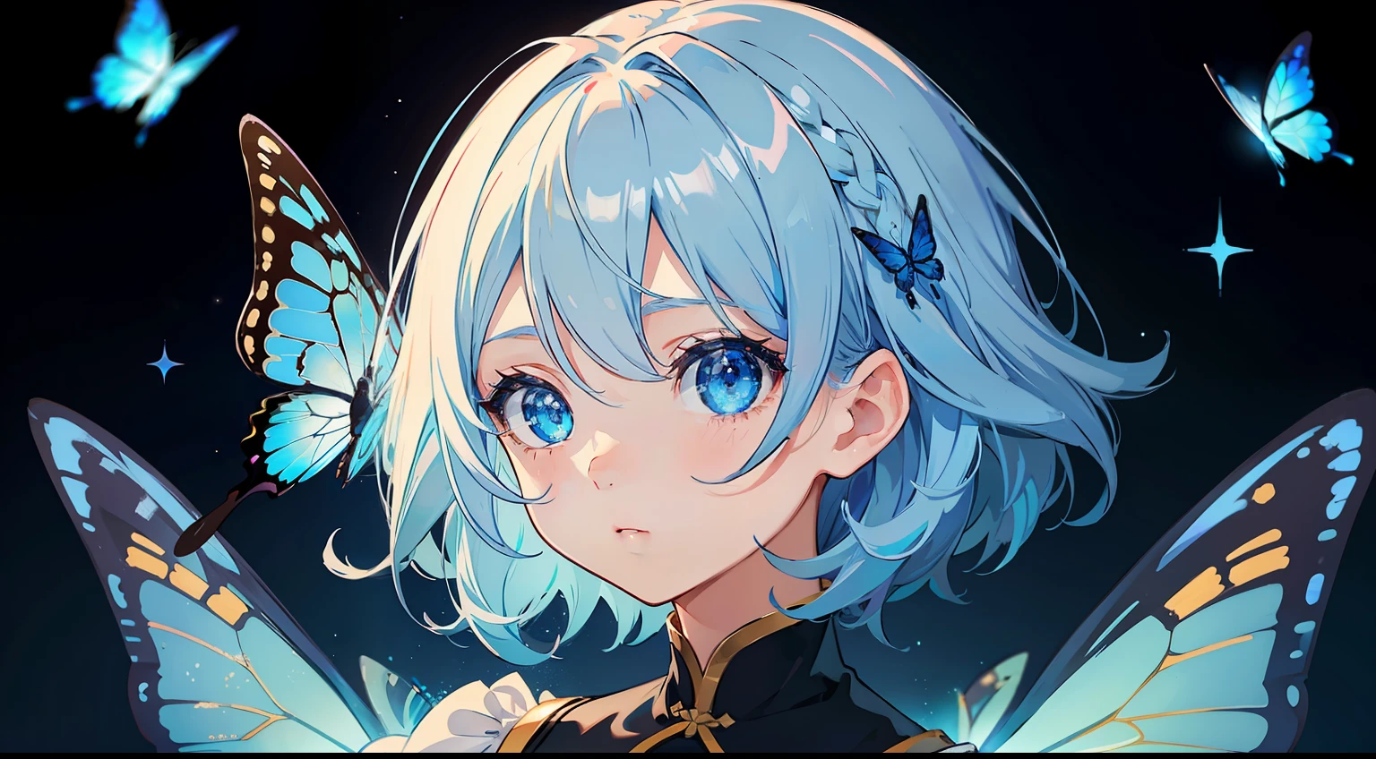 One girl、lightblue hair、Medium Hair、cute little、black backgrounds、校服、​masterpiece、Top image quality、top-quality、blue eyess、glitters、Beautiful fece、natta、Light butterfly、Shines beautifully、