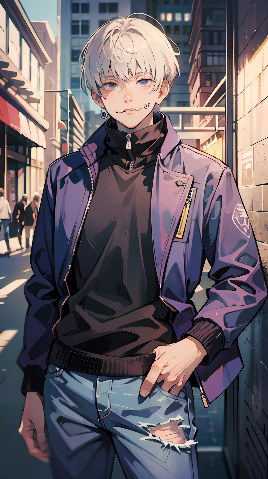 (absurdres, highres, ultra detailed, HDR), masterpiece, best quality, 1man, solo, handsome, short hair, inumaki toge, facial tattoo, white hair, black jacket, jeans, closed mouth, pickpocket