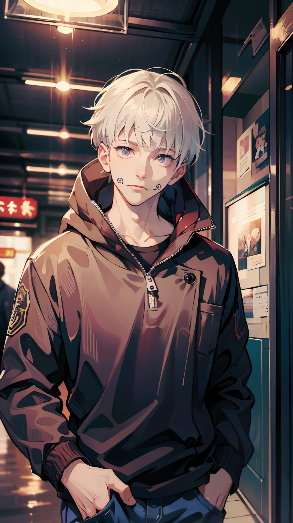 (absurdres, highres, ultra detailed, HDR), masterpiece, best quality, 1man, solo, handsome, short hair, inumaki toge, facial tattoo, white hair, black jacket, jeans, closed mouth, pickpocket