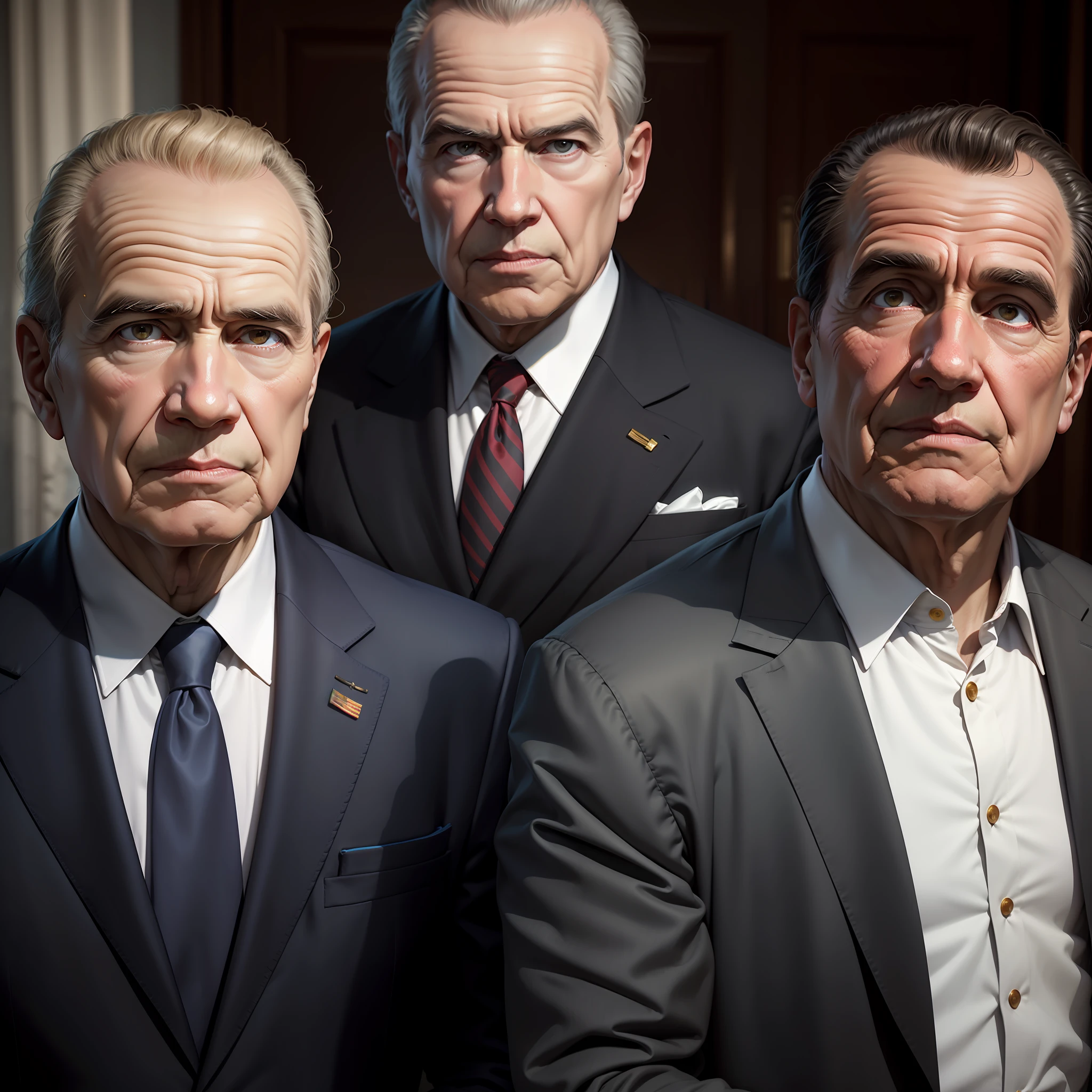 Richard Nixon and two Russo in suits shaking hands , retrato ultra realista