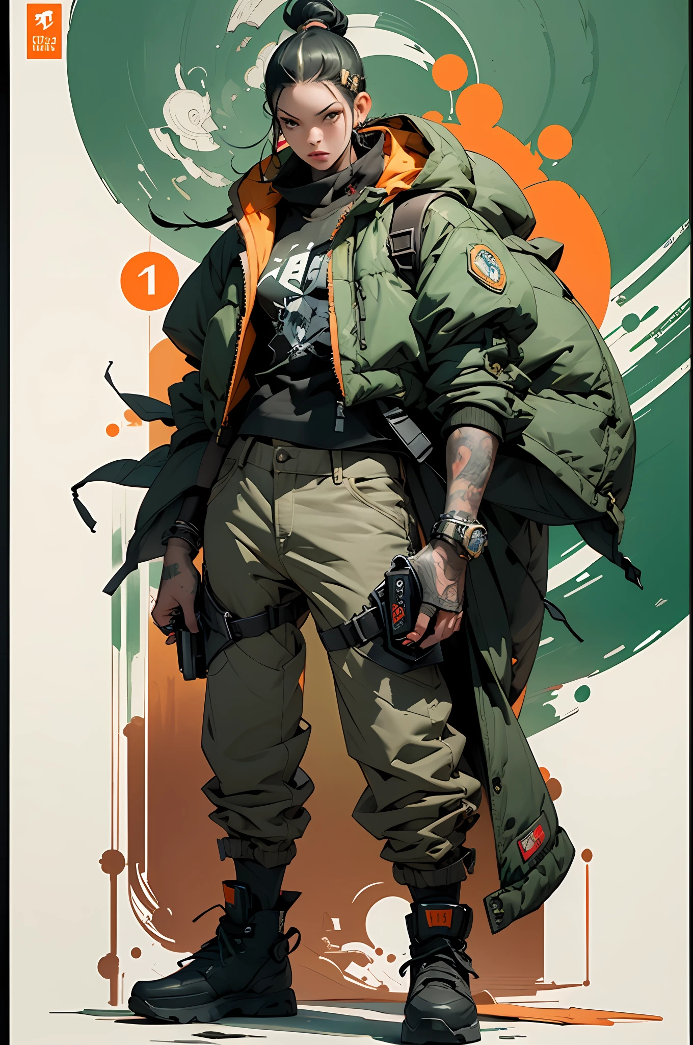 Verde: 1.5, laranja: 1.1, Branco: 1.3, amarelo: 1.3, (garota rapper com cabelo pavor), Post-apocalyptic world, tatuagens, (roupas puffer do poder: 1.2), Giant machines, mistborn, linhas, Parts, Action Pose