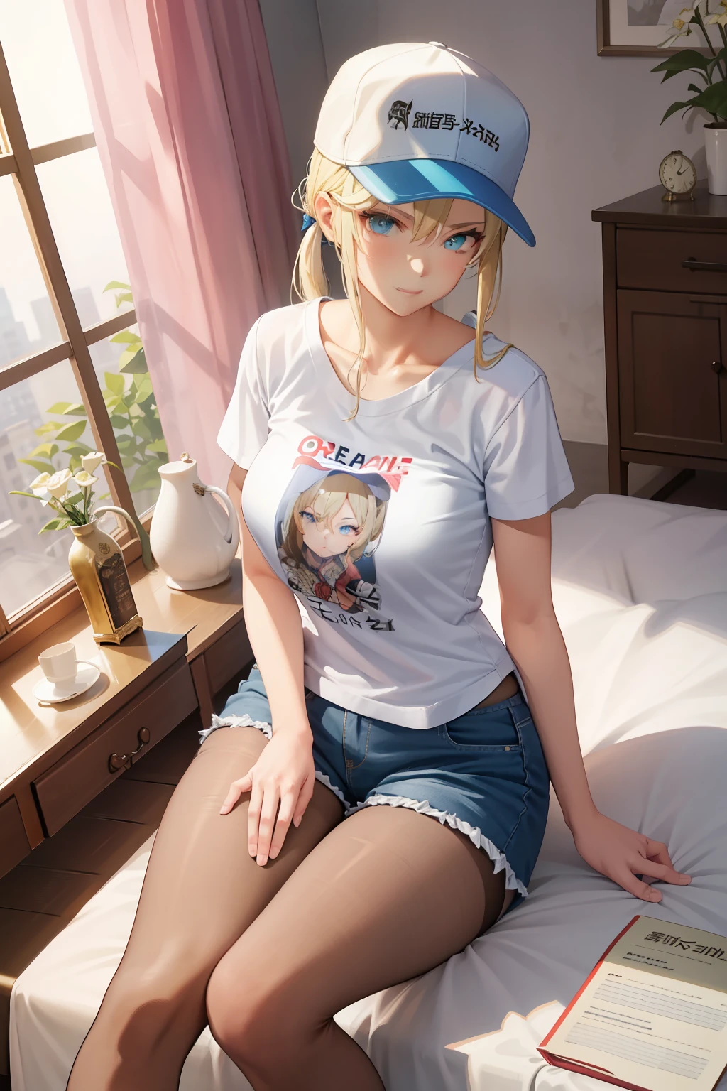 tmasterpiece， Best quality at best， absurderes， Perfect anatomy， 1girll， 独奏， Love Espada， long whitr hair， pony tails， nedium breasts， baseball cap， graphic t shirt， denim short， Shorts pantyhose， Sat down， stairways， exteriors， 城市， ssmile， Dutch angle， wide - angle shot，Hands on your back