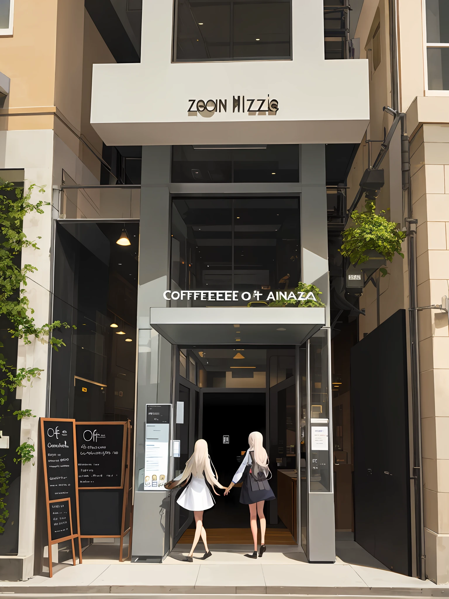 modern entrance to a Zaha Hadid-style coffee shop