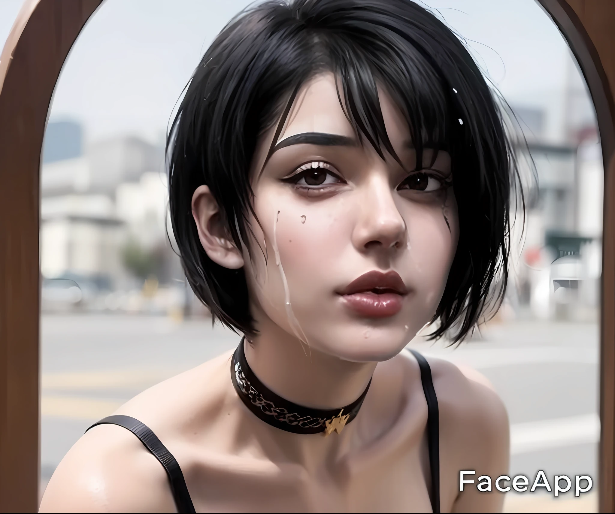 Alafed woman with black hair and choker on the street, Accurate and ultra-realistic faces, Beautiful hyper-realistic anime, Photorealistic beautiful face, realistic cosplay, Perfect Real Life Anime Girl, Sharp beautiful face