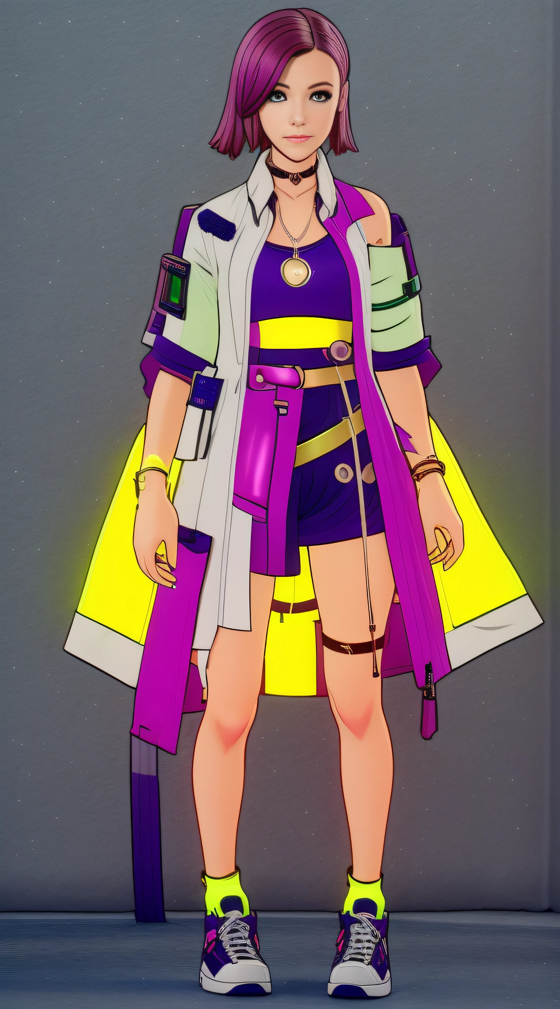Cyberpunk Girl wearing a phosphorescent yellow green clothes and sneakers