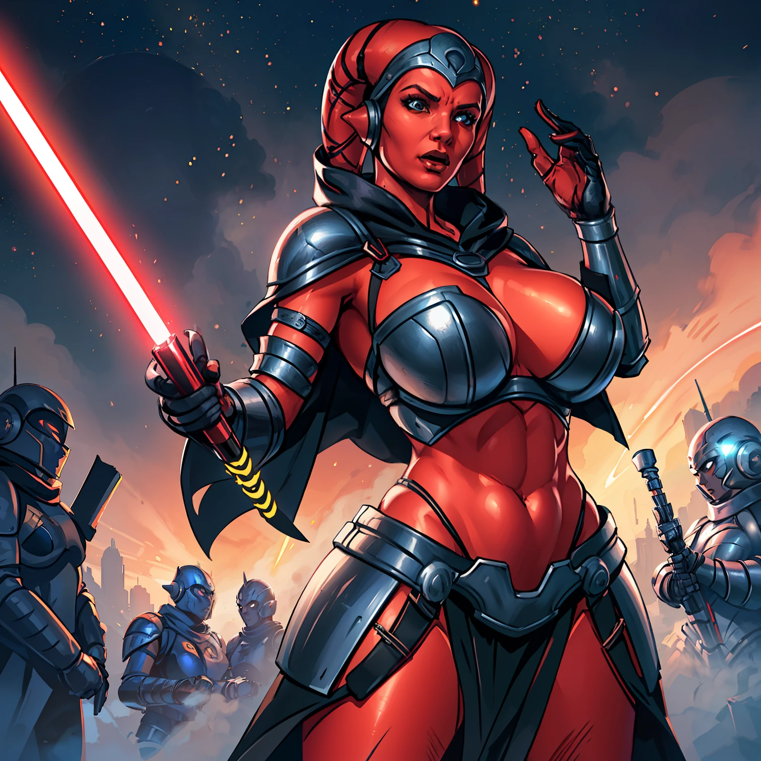 action scene, lightsaber fighting, masterpiece, best quality, high-definition, armor, busty, ((red skin), twi'lek), dual red lightsabers, evil space knight, space ninja, (wearing black robes, black stealth armor, breastplate, tunic, tabard, cowl, cloak, body glove, straps, buckles, skirts, long sleeves, fantasy, ((armor))), ((busty), slender body, thin, slim sexy body, slim waist, (((huge breasts, gigantic breasts)))), Imperial starship, Star Wars,