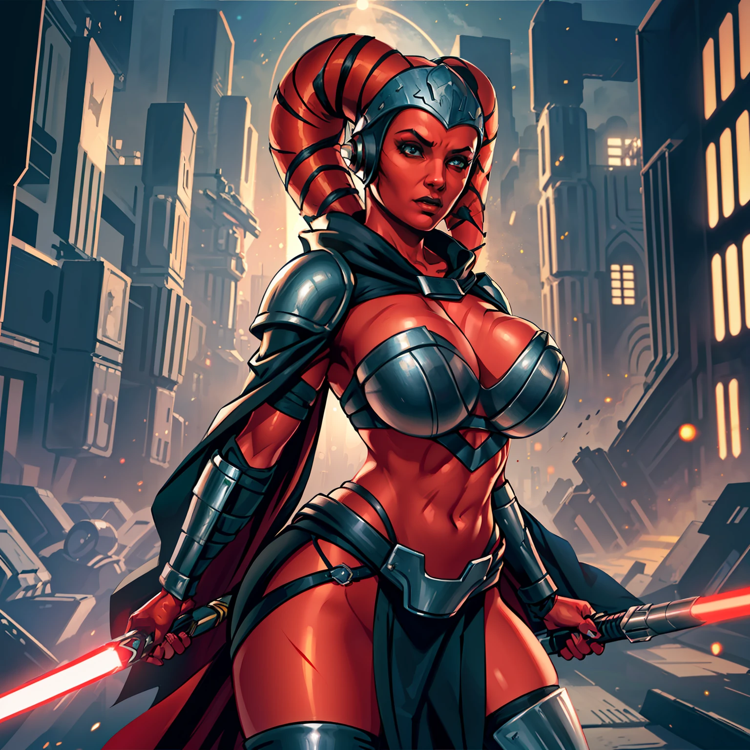 action scene, lightsaber fighting, masterpiece, best quality, high-definition, armor, busty, ((red skin), twi'lek), dual red lightsabers, evil space knight, space ninja, (wearing black robes, black stealth armor, breastplate, tunic, tabard, cowl, cloak, body glove, straps, buckles, skirts, long sleeves, fantasy, ((armor))), ((busty), slender body, thin, slim sexy body, slim waist, (((huge breasts, gigantic breasts)))), Imperial starship, Star Wars,