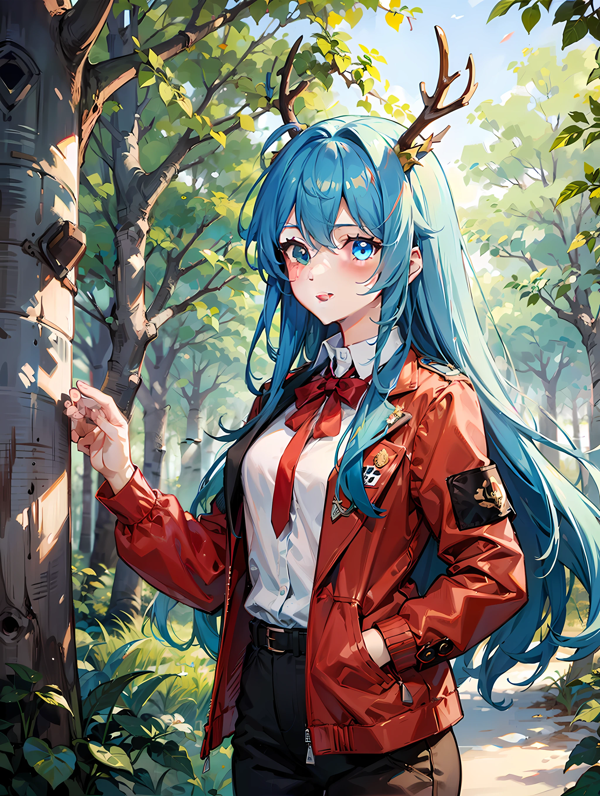 Anime，sexy，Blue-haired girl with antlers，eBlue eyes，cheerful，The clothes ar：Red jacket White shirt，Scenes：The birch forest shines with sunlight