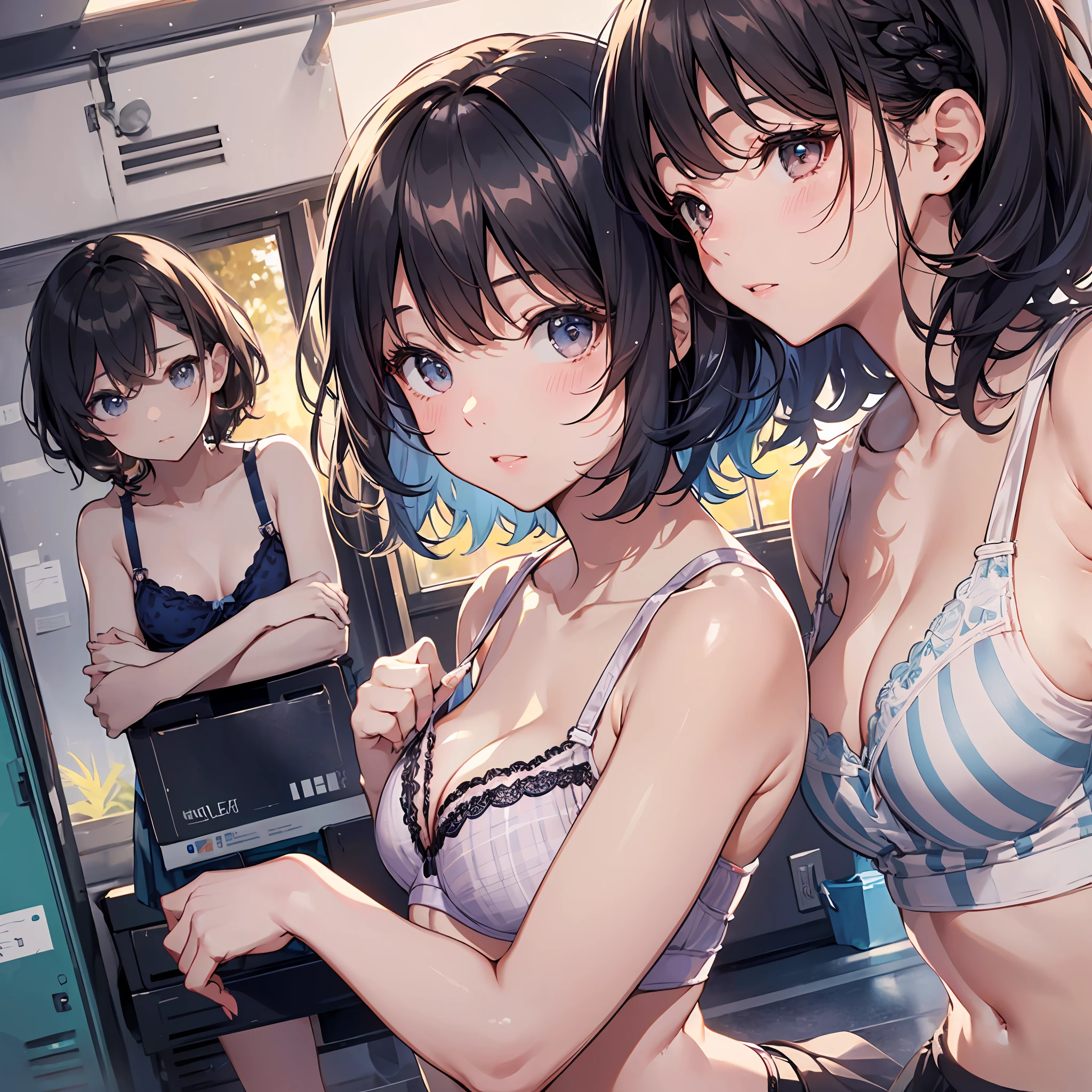 (Highest quality illustrations:1.2), (kawaii girl:1.1), (1girl in, 独奏:1), (2girls、8ars old、Lori、Gamine、A tiny、kawaii、cute little、tiny chest、ultradetailed eyes:1.2)、(Yuri、the kiss、hug from behind、Grabbing the、Eyes half closed、eyecontact:1.3)、(perspiring、Hugged、red blush:1.1)、 BREAK White Bra、Pink Bra、Blue Bra、Green Bra、Greybra、Light grey bra、 striped bra、Polka dot bra、Plaid bra、Cute Bra、Kids Bra、Sportsbra、camisole、cotton panties、school skirt、Blake black hair、Blue-haired、Brown hair、extra very short hair、shorth hair、middle hair、length hair、hair wavy、curlyhair、Light pink and braided hair、hime-cut、bob cuts、Twin-tailed、low twintails、poneyTail、Low ponytail in light blue、break(Locker Room:1.2)、(evening、evening、Orange Sunlight:1.2)、 BREAK(top-quality、ultra-detailliert、highly detailed and beautiful、超A high resolution、Detailed arm:1.2)、nsfw Beautiful pool