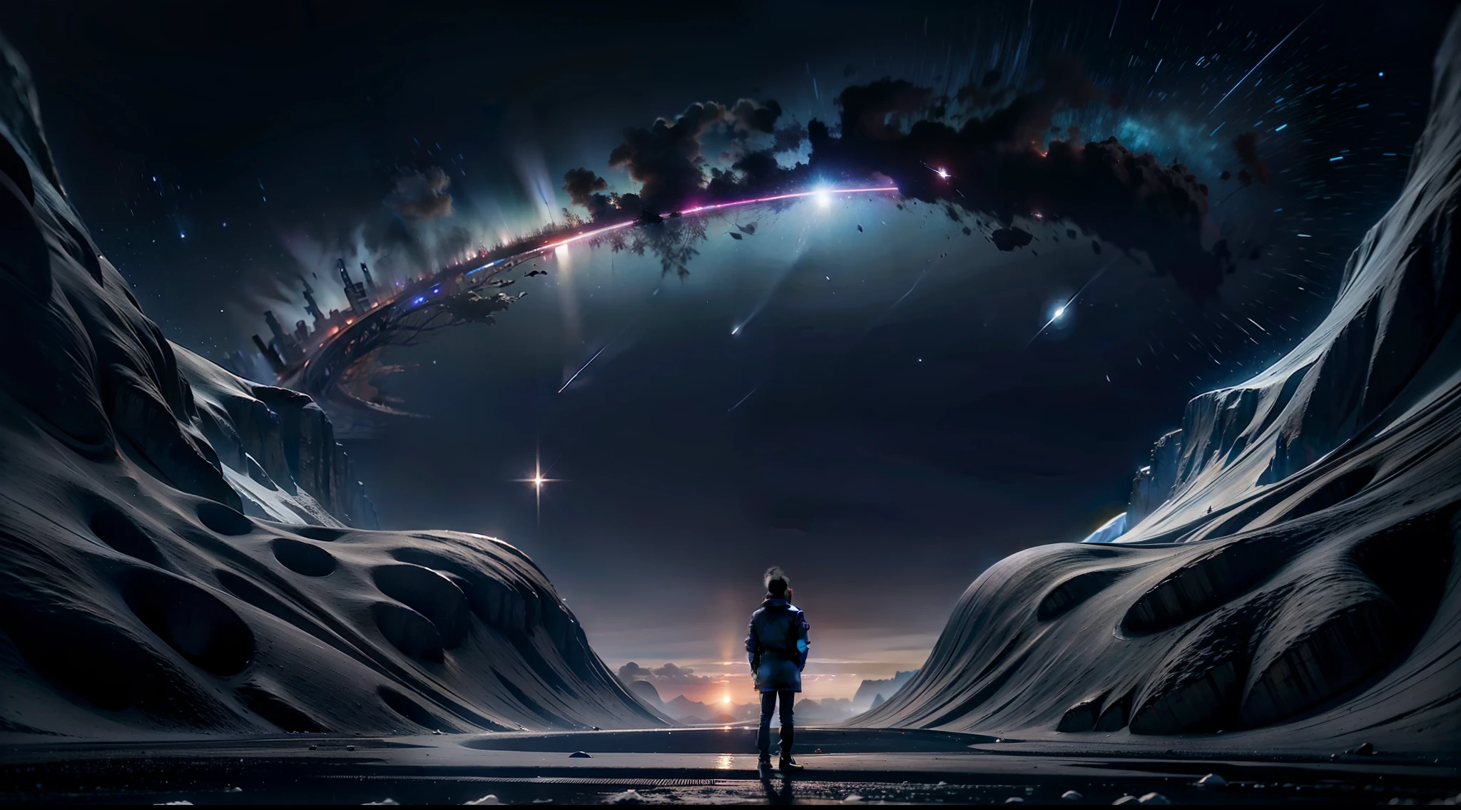 Immerse us in the depths of the cold and deep universe, Where darkness reigns。Distant stars々A faint twinkle in the jet-black void like a distant memory、Create eerie and enigmatic space images。Let the emptiness of the universe expand endlessly.、Only the faint glow of distant celestial bodies delimits its space。Using AI、Create a sense of isolation in the space、Let the vastness of the universe be a canvas of deep shadows and inexplicable darkness。. Very realistic, Photography, One-person viewpoint, Super Detail, high detailing, High quality, in 8K