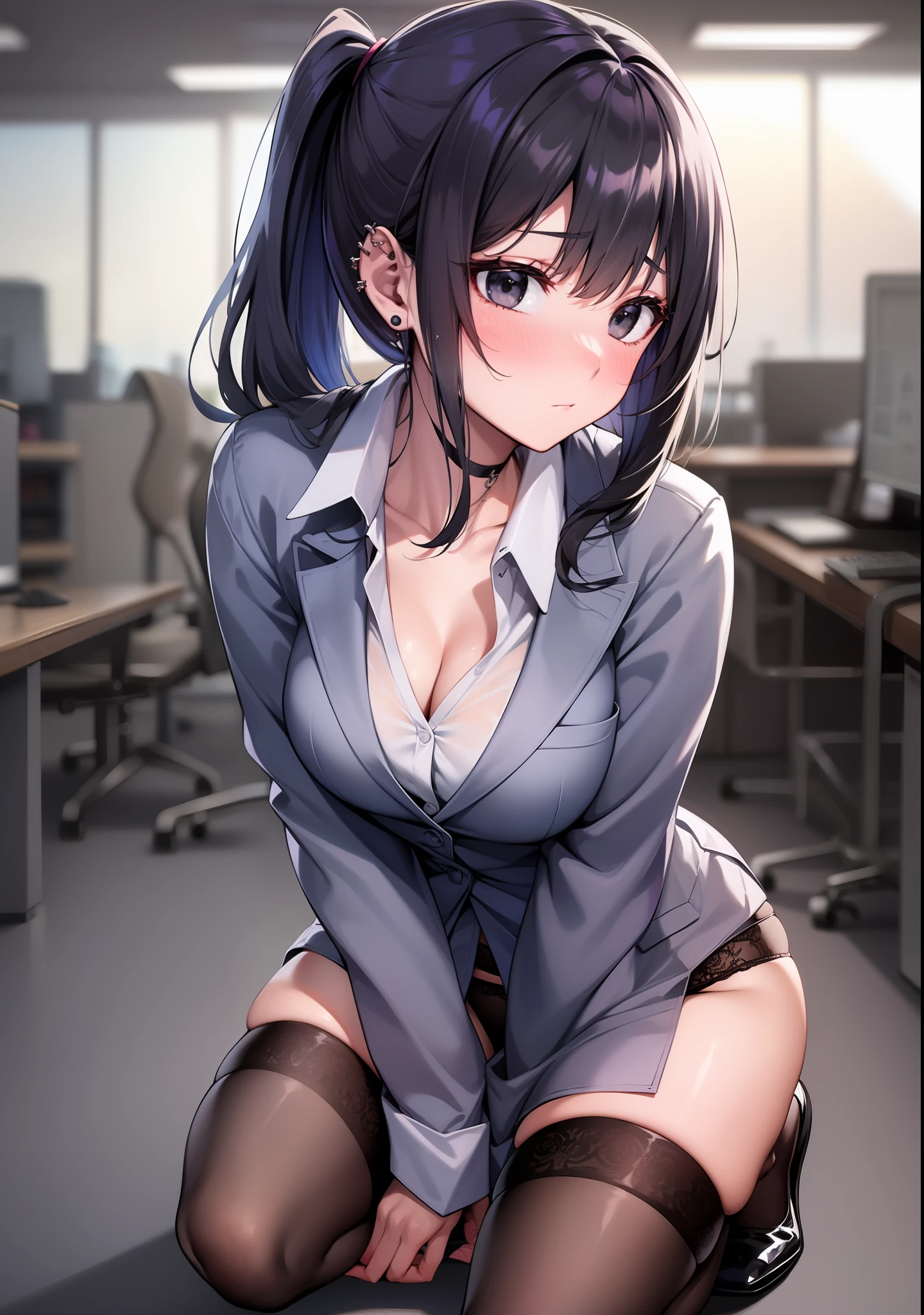 详细的脸、long eyeslashes、A detailed eye、(Middle Cut Hair)Black eyes、(A dark-haired)、Black hair、poneyTail、Medium-sized breasts、Slimed、Lustrous skin、OL、piercings、Business Shirt、Business Fashion、Night Office、Business Girl、Business jacket、Large valleys、panties on、Embarrassed look、Kneeling