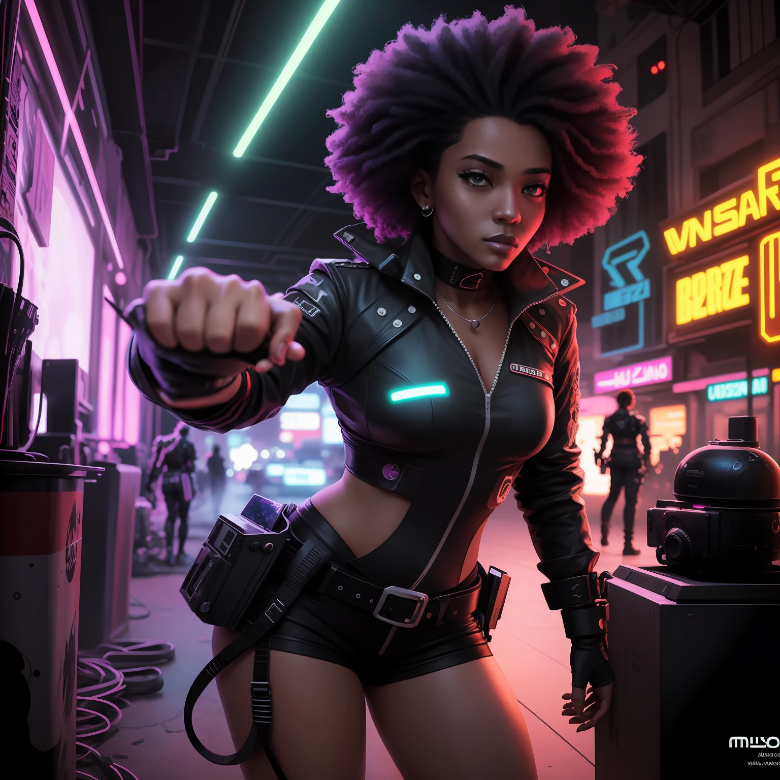 uma pintura digital de uma mulher de cabelos azuis, arte cyberpunk de Josan Gonzalez, vencedora do concurso behance, afrofuturismo, synthwave, neon, neon brilhante, mulher fisiculturista, imagem corpo inteiro 4k, Fight scenario. --auto