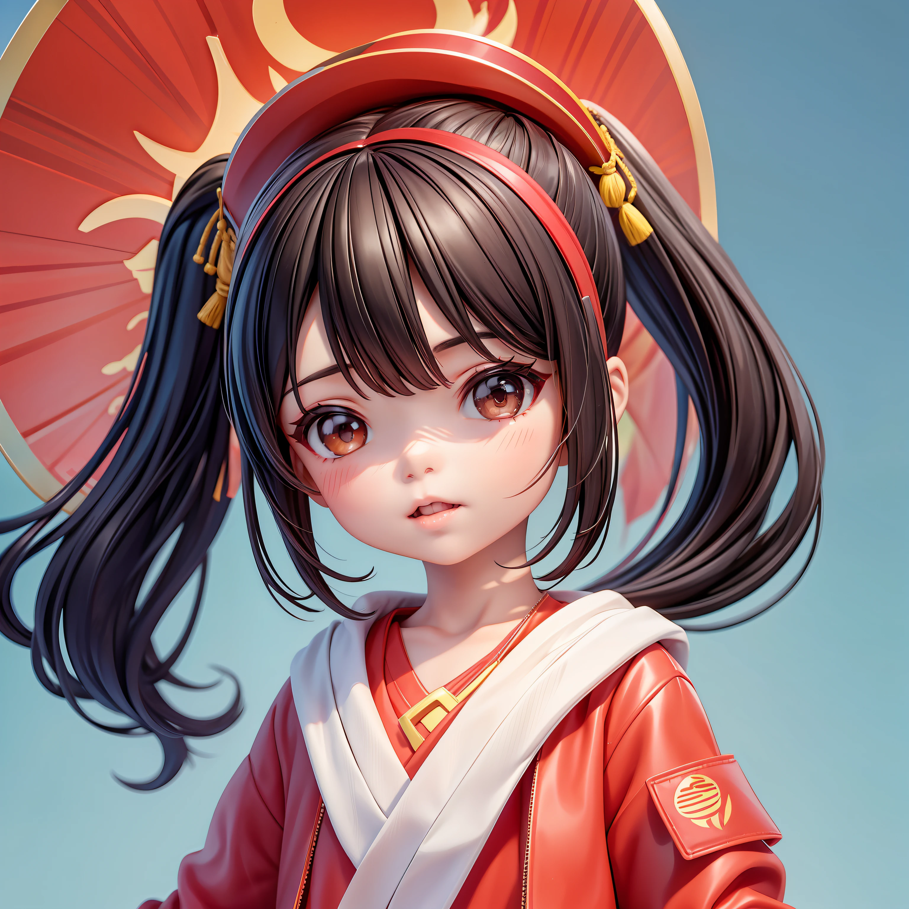 There is a young girl with a ponytail and a red jacket, Young Asian girl, south east asian with round face, Chinese girl, young cute wan asian face, Children, portrait of cute girl, color studio portrait, young girl, lulu chen, yanjun cheng, full protrait, ???, xue han, ren heng, Yun Ling, Asian girl