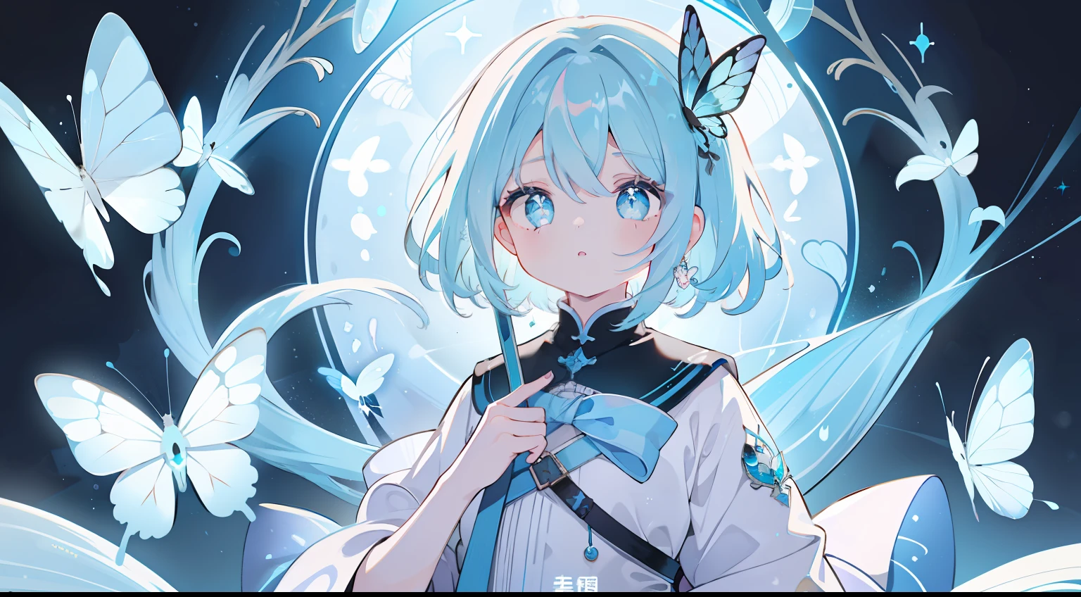 One girl、lightblue hair、Medium Hair、cute little、black backgrounds、校服、masterpiece、Top image quality、top-quality、blue eyess、glitters、Beautiful fece、natta、Light butterfly、Shines beautifully、