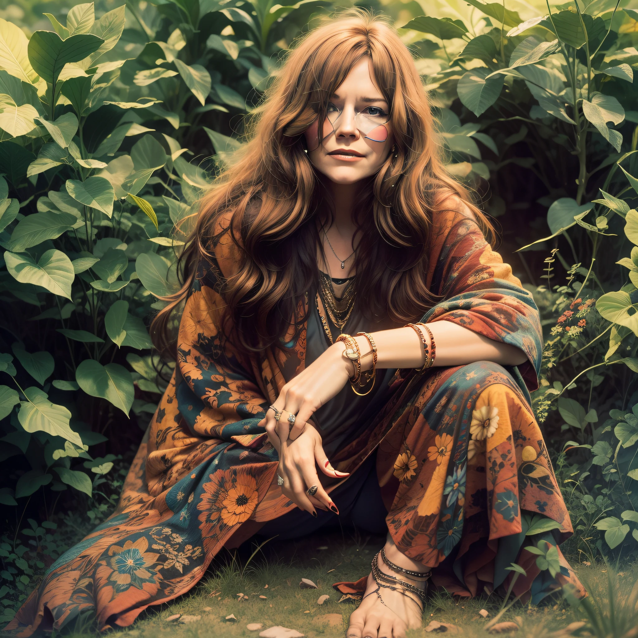 "JANIS JOPLIN CANTORA DE BLUES , anos 60, psicodelico , FUNDO HIPPIE , ESTILO SURREALISTA, vibrant lighting"