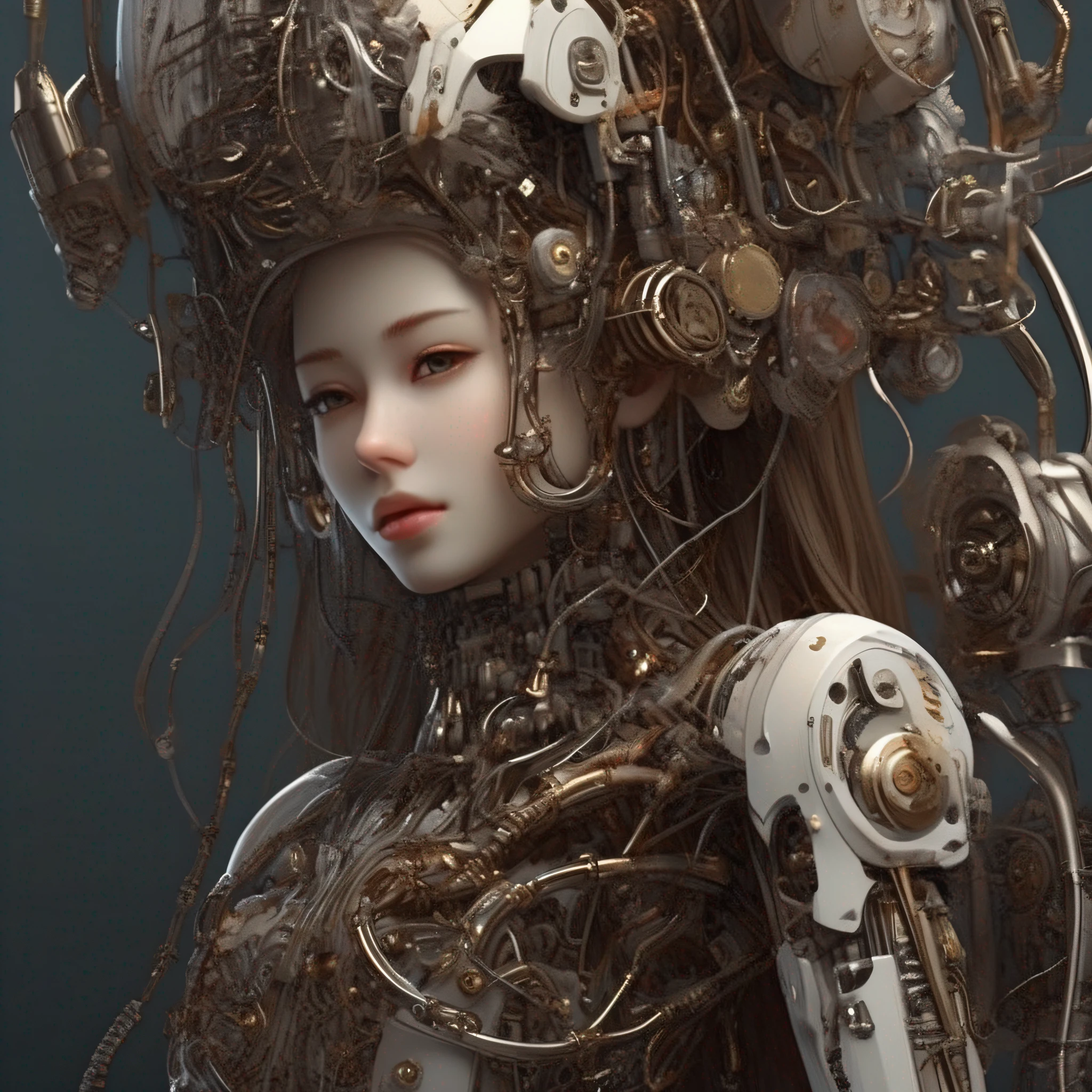 (((masterpiece))), (((best quality))), ((ultra-detailed)), (highly detailed CG illustration), ((an extremely delicate and beautiful)),cinematic light,((1mechanical girl)),solo,(cowboy shot:1.2),(machine made joints:1.2),((machanical limbs)),(blood vessels connected to tubes),(mechanical vertebra attaching to back),((mechanical cervial attaching to neck)),expressionless,(wires and cables attaching to neck:1.2),(wires and cables on head:1.2),(character focus),science fiction,extreme detailed,colorful,highest detailed, loongs,fengs,background,