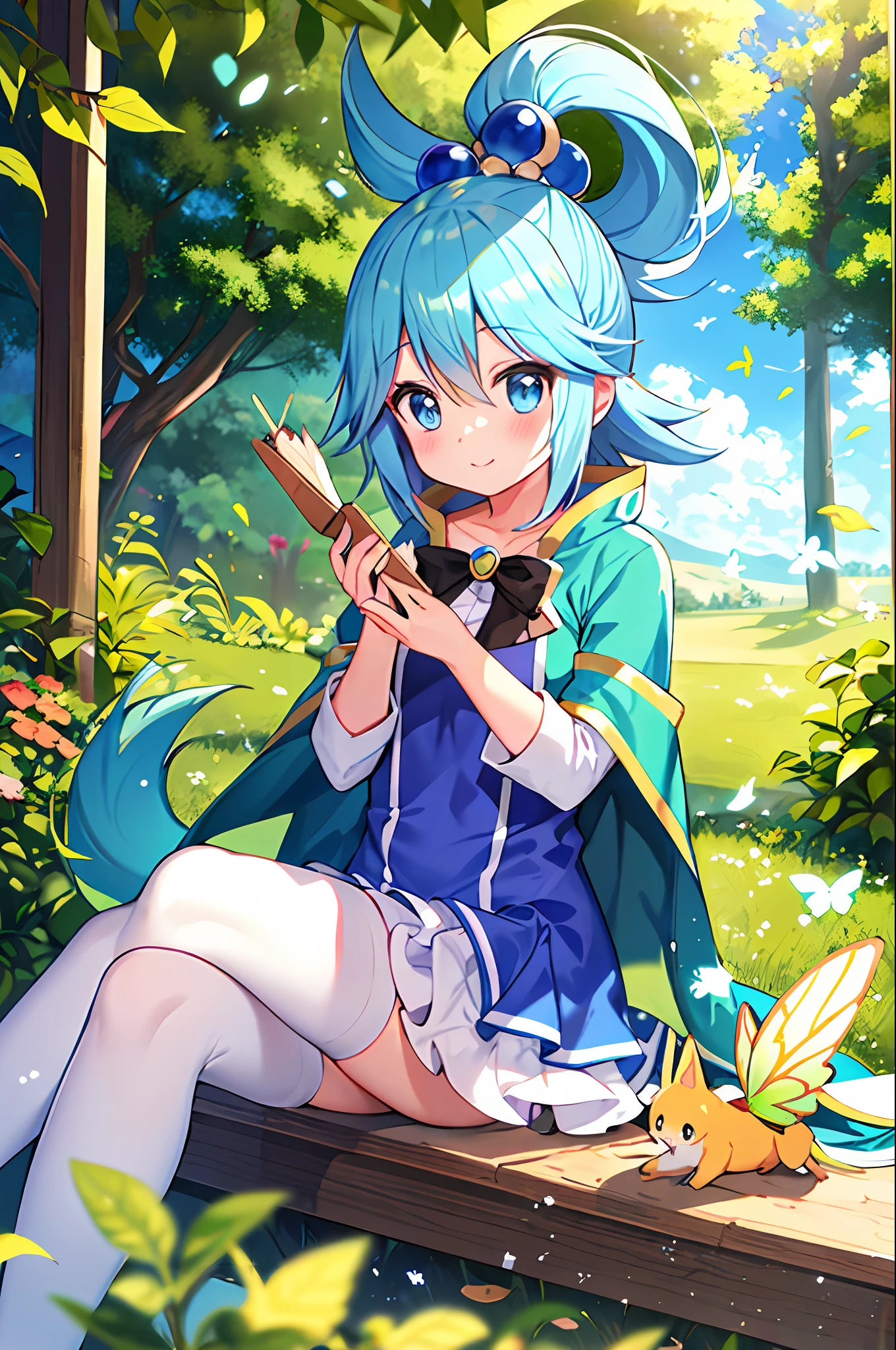obra-prima, best_quality,1menina (aqua do anime konosuba), solo,fox_ears, olhos amarelos:1.5|olhos azuis:1.1,(cabelo rosa:1.2|cabelo azul), soft hazelnut eyes, flowing wavy hair, meias de tornozelo, olhando para o espectador, meias brancas, ballet shoes, vestido de sol pastel, corpo inteiro, jardim de borboletas, surrounded by fluttering butterflies, sunlight filtering through the leaves, serene expression, primavera