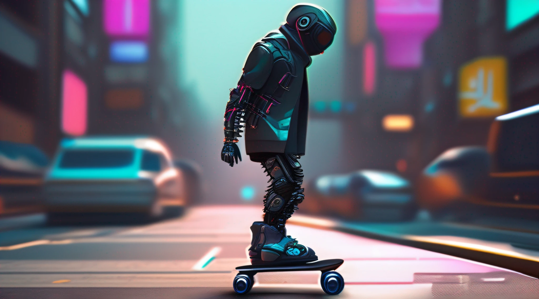 There's a man skating on a city street, Patim, cyberpunk robot, em estilo de bipe, fashionable cyberpunk mechanoid, no estilo cyberpunk, tem estilo cyberpunk, em cyberpunk city, 3 d render bipe, style hybrid mix of beeple, Estilo de arte cyberpunk, estilo Cyberpunk silenciado, Estilo Beeple, Cyberpunk Rua Goon, cyberpunk mechanoid, Patim cyberpunk