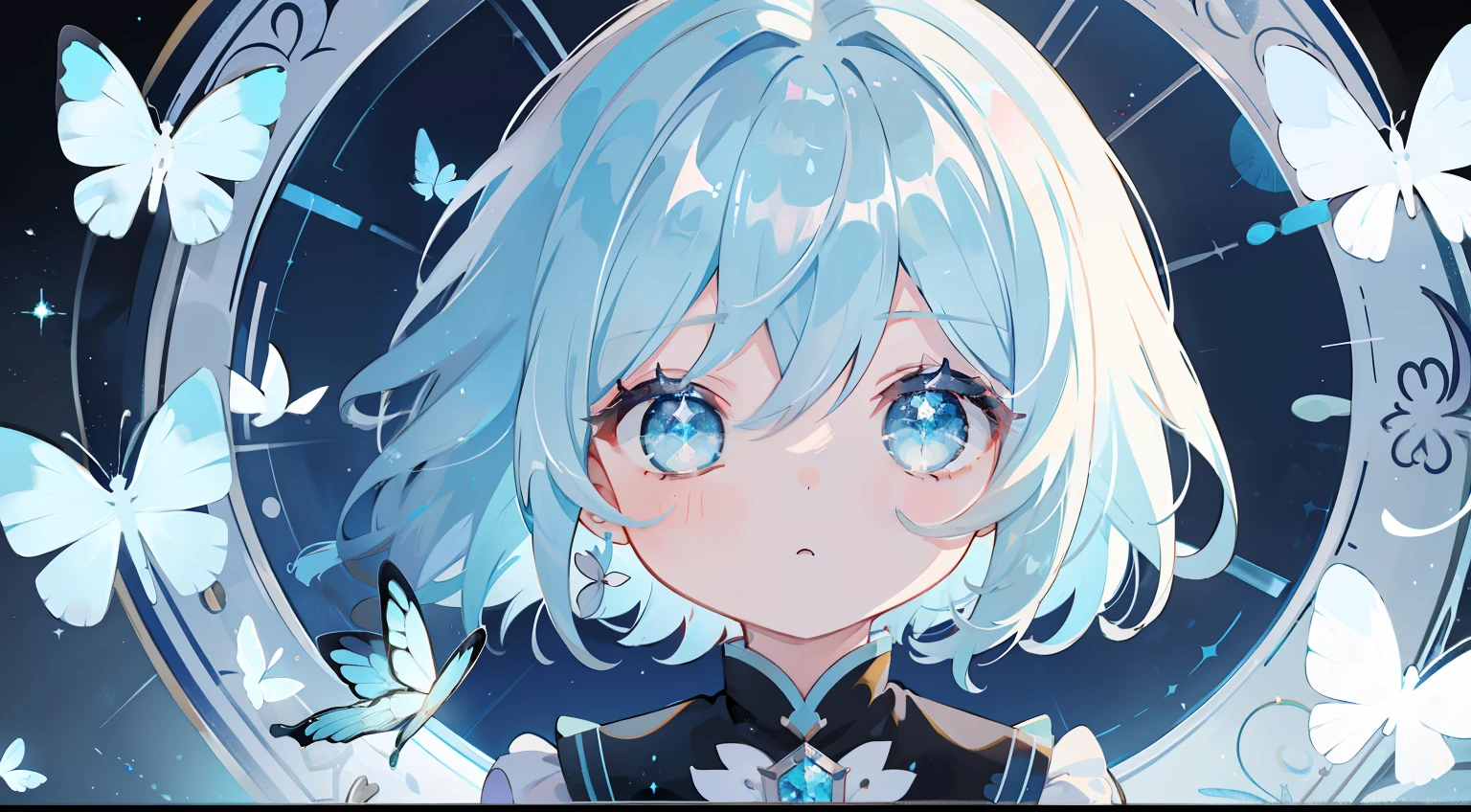 One girl、lightblue hair、Medium Hair、cute little、black backgrounds、校服、masterpiece、Top image quality、top-quality、blue eyess、glitters、Beautiful fece、natta、Light butterfly、Shines beautifully、
