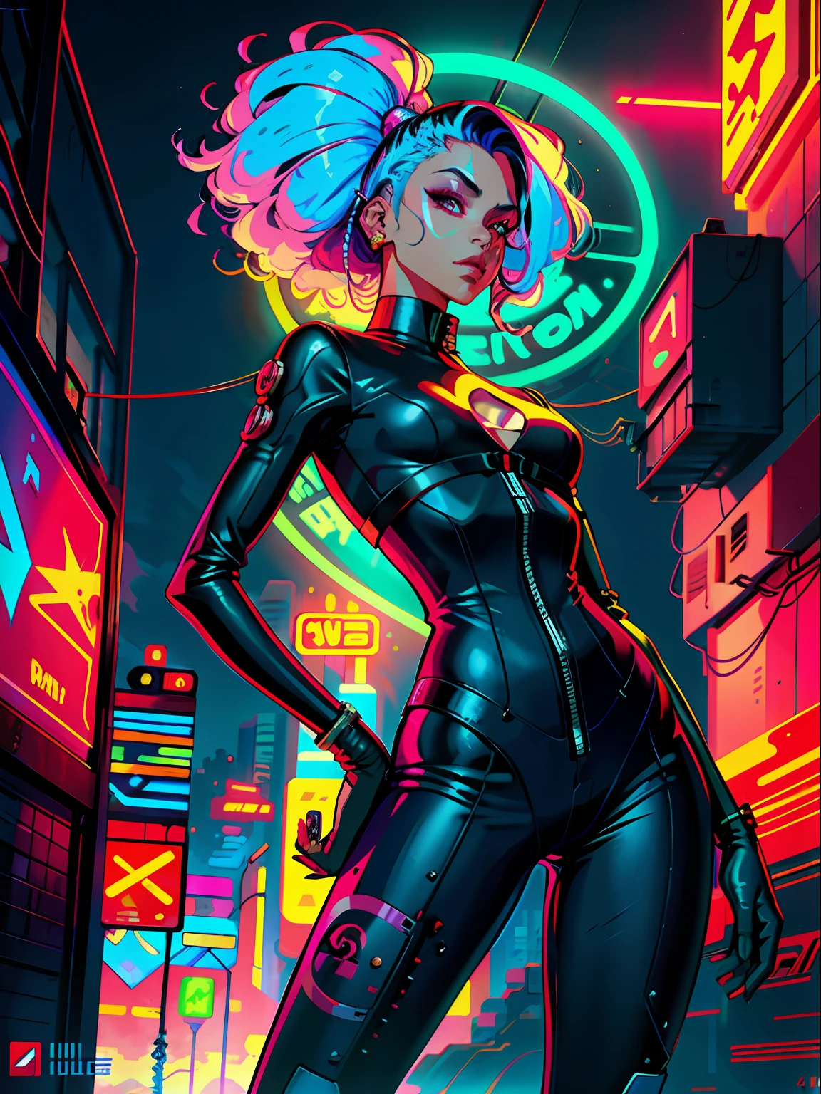 uma pintura digital de uma mulher de cabelos azuis, arte cyberpunk de Josan Gonzalez, vencedora do concurso behance, afrofuturismo, synthwave, neon, neon brilhante, mulher fisiculturista, imagem corpo inteiro 4k