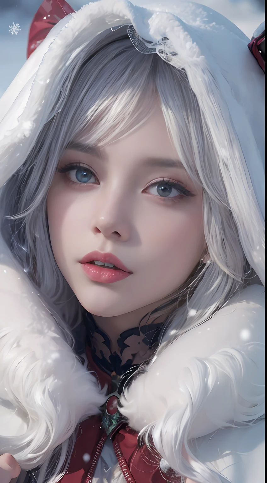 Photorealistic, high resolution, 1 Women, Solo, Hips up,(****ta costume)， Beautiful eyes, White hair, ringed eyes, (Sit，Cloak，snowfield)，((lifting her skirt，spread their legs))，