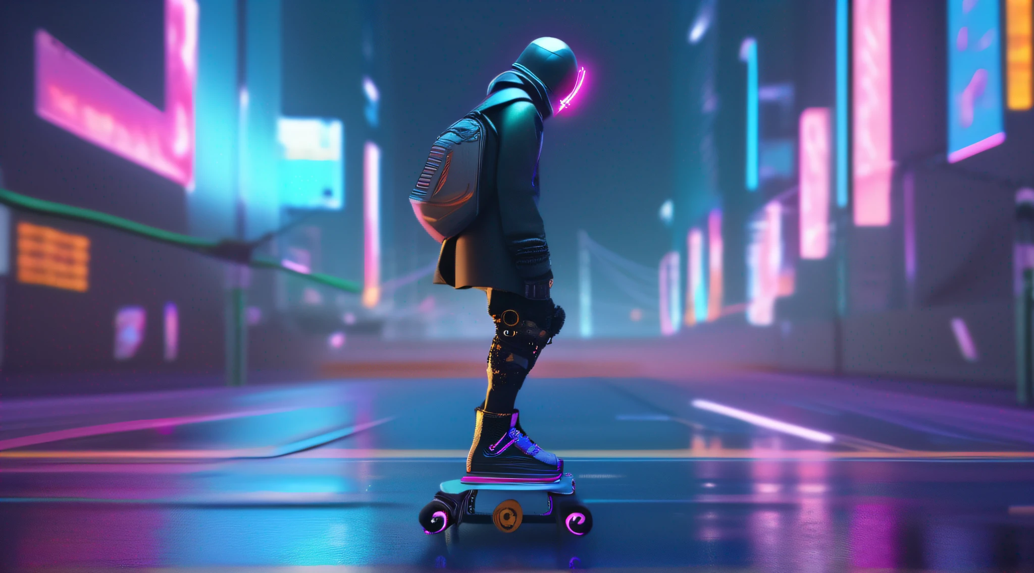 There's a man skating on a city street, Patim, cyberpunk robot, em estilo de bipe, fashionable cyberpunk mechanoid, no estilo cyberpunk, tem estilo cyberpunk, em cyberpunk city, 3 d render bipe, style hybrid mix of beeple, Estilo de arte cyberpunk, estilo Cyberpunk silenciado, Estilo Beeple, Cyberpunk Rua Goon, cyberpunk mechanoid, Patim cyberpunk