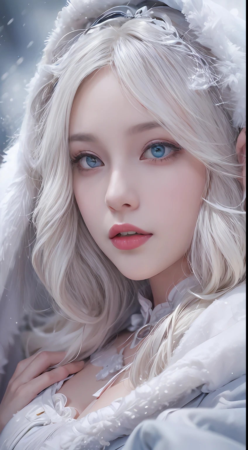 Photorealistic, high resolution, 1 Women, Solo, Hips up,(Lolita costume)， Beautiful eyes, White hair, ringed eyes, (Sit，Cloak，snowfield)，((lifting her skirt，spread their legs))，