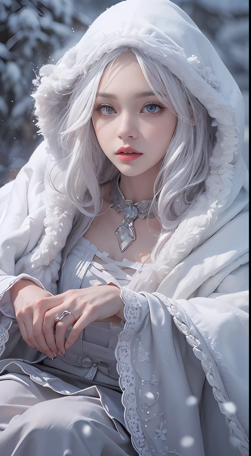 Photorealistic, high resolution, 1 Women, Solo, Hips up,(Lolita costume)， Beautiful eyes, White hair, ringed eyes, (Sit，Cloak，snowfield)，((lifting her skirt，spread their legs))，