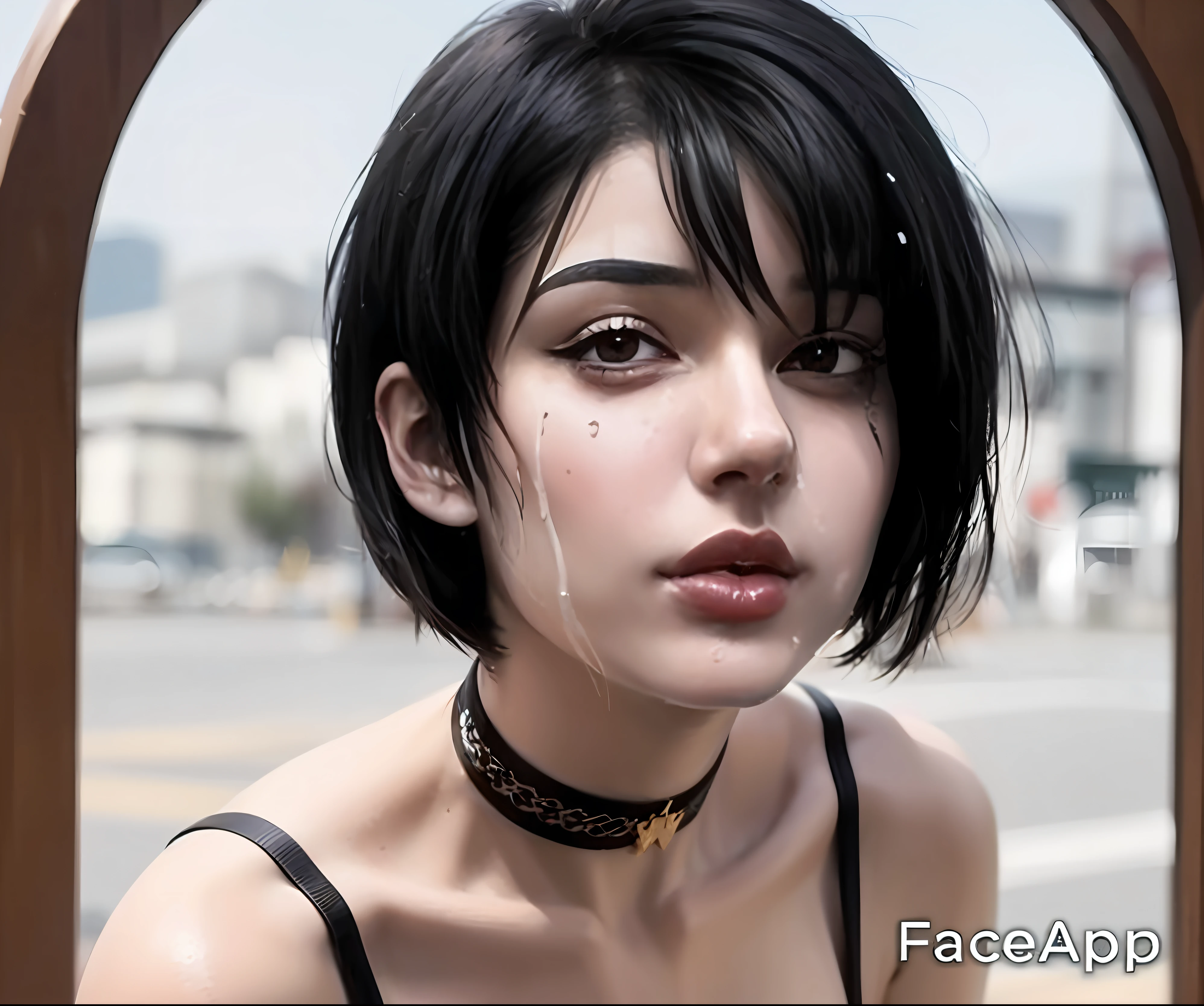 Alafed woman with black hair and choker on the street, Accurate and ultra-realistic faces, Beautiful hyper-realistic anime, Photorealistic beautiful face, realistic cosplay, Perfect Real Life Anime Girl, Sharp beautiful face