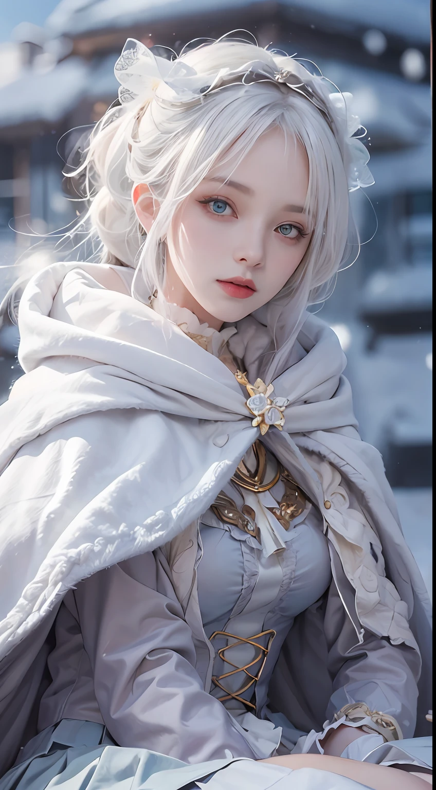 Photorealistic, high resolution, 1 Women, Solo, Hips up,(Lolita costume)， Beautiful eyes, White hair, ringed eyes, (Sit，Cloak，snowfield)，((lifting her skirt，spread their legs:1.2))，