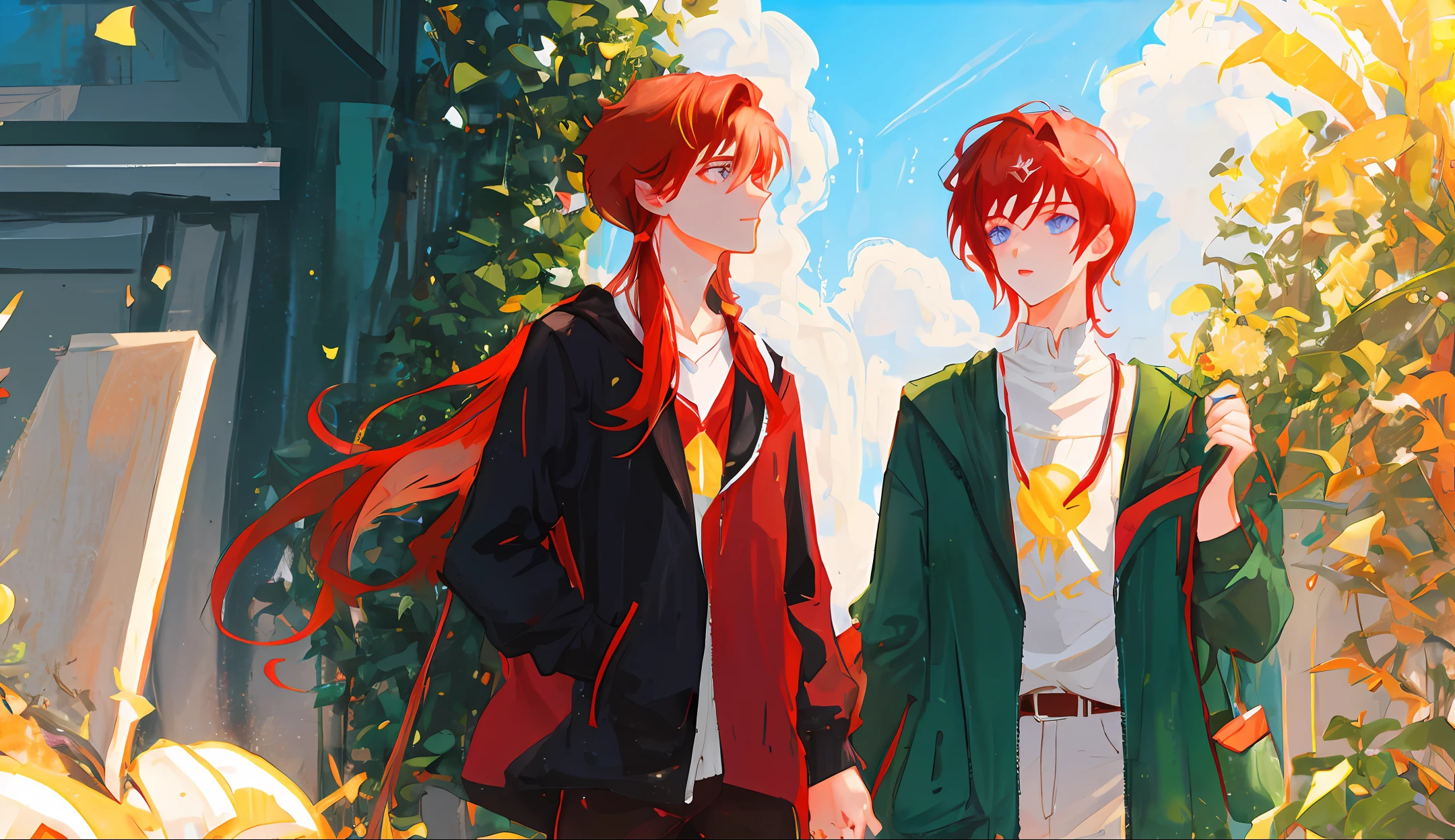 Blonde boy kisses red-haired boy,The blond boy was dressed in black,The red-haired teenager's eyes are blue,intimacy,rays of sunshine