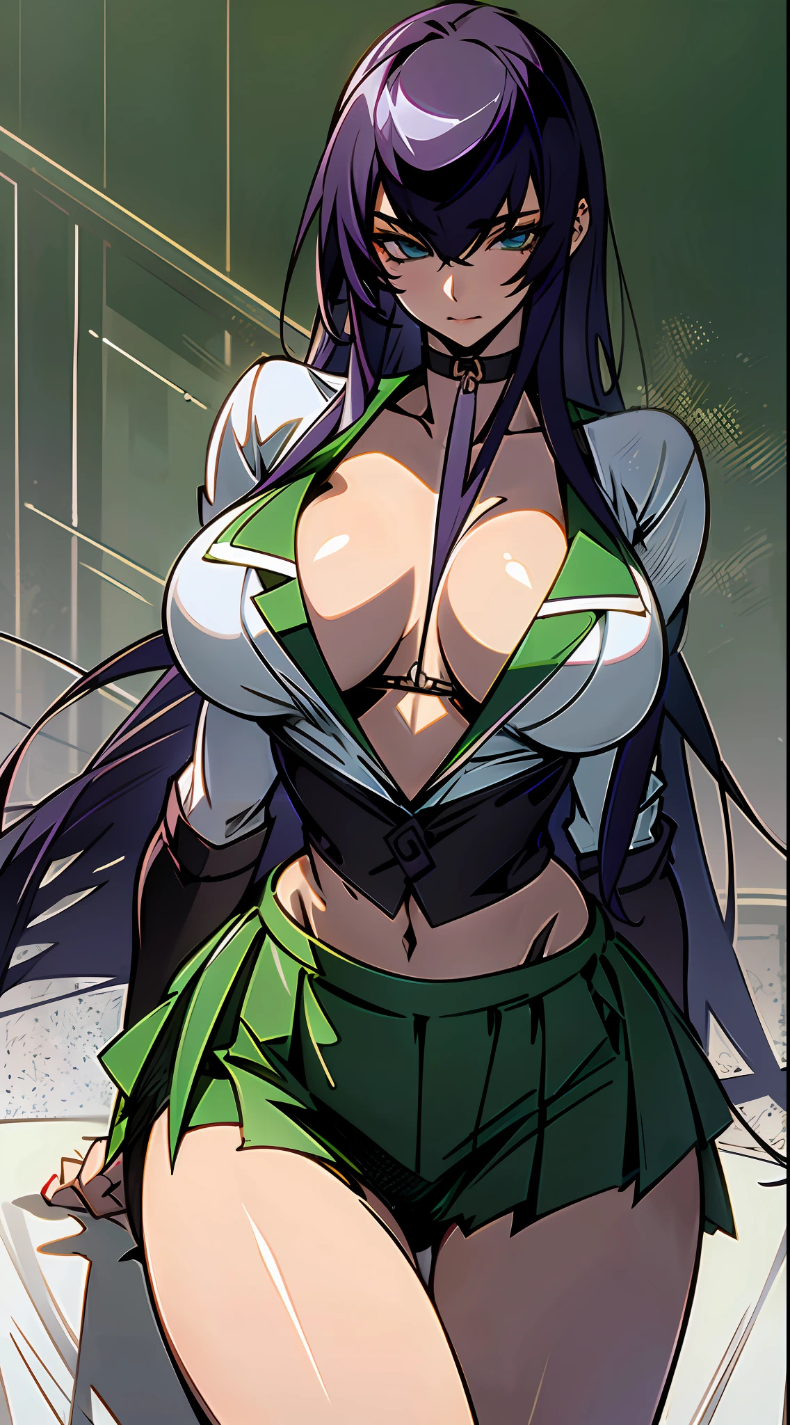 (High resolution), (in 8K), (Extreme Detail), (Best Illustration), (beautiful detail), (Best Quality), (masuter piece), ( Detailed face), Saeko Poison Island、The long-haired、white shirt、Green pleated skirt、student clothes、Black lace underwear、Vicious look、full body Esbian、Realistic fantasy rendering, Realistic anime girl rendering, Full body portrait, (Big Breast: 1.4) popular in CGSTATION, 4K,highlight in eyes
