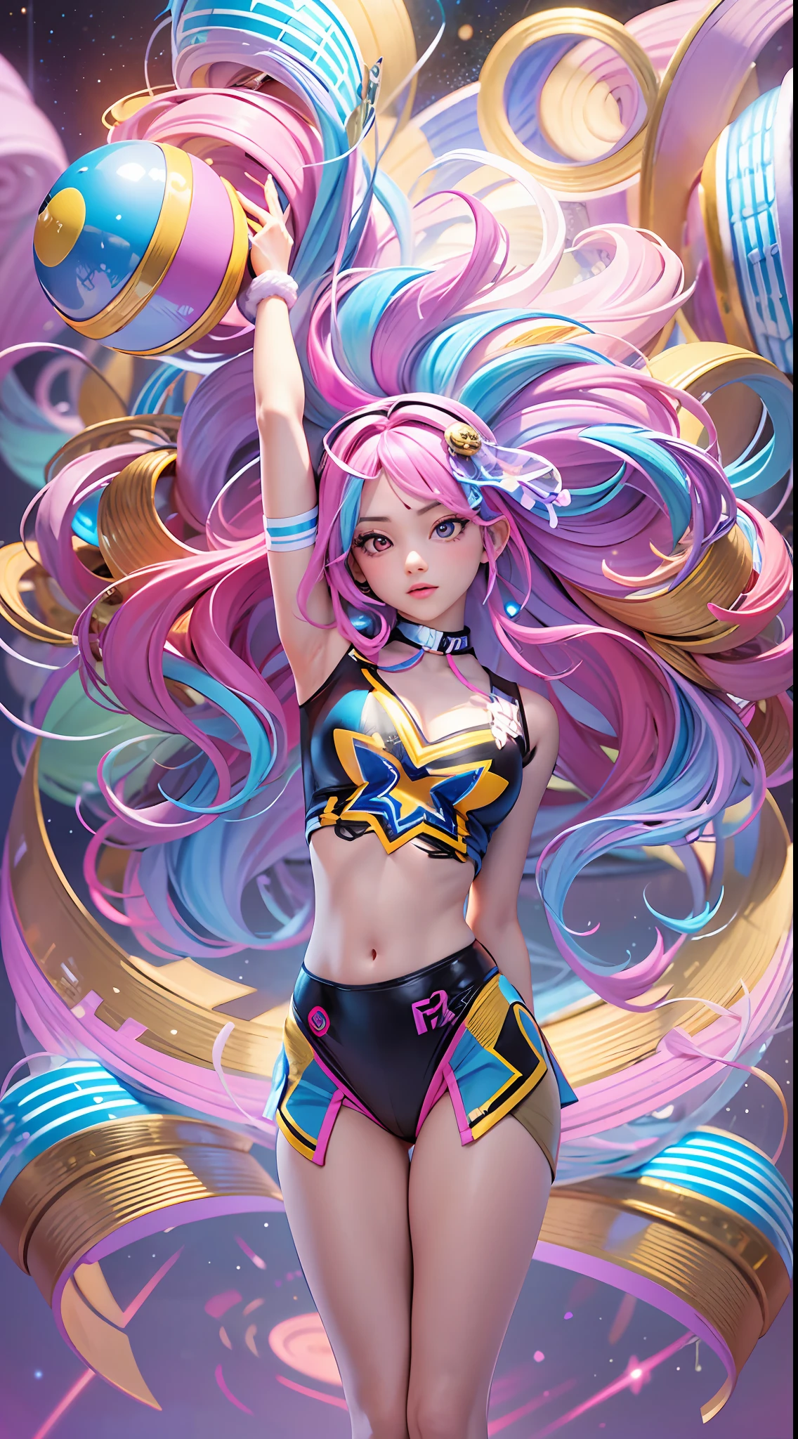 ((Masterpiece)), best quality, absurderes, ultra detailed, 8k, dynamic pose, super complex details, intricate details, holographic, cowboy shot, golden ratio, super cute girl, neon aura, delicate and beautiful face, cosmic cheerleader, mature girl, super beautiful asian girl with super beautiful glowing eyes, super beautiful glowing multicolored hair, nice and sexy body, slim body, perfect body, wearing a super sexy cosmic cheerleader outfit, holding neon pom poms, in the center of the galaxy