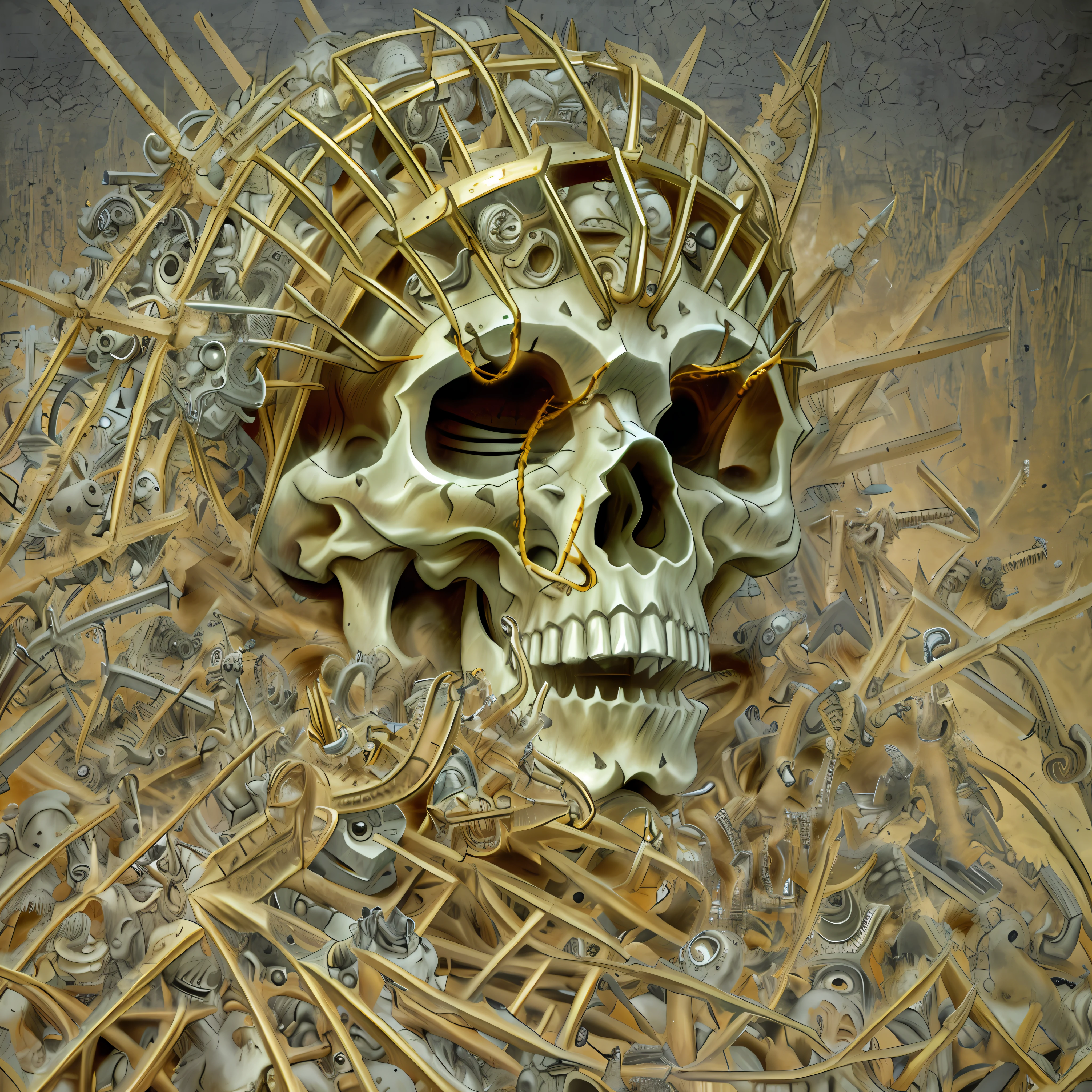 arafed skull made of metal and various metal parts, made up of many bits of metal, made from mechanical parts, biomechanical sculpture, arte em heavy metal, fios cabos caveiras, intricate mechanical body, of spiked gears of war skulls, escultura de metal surreal, estilo de arte heavy metal, coroa feita de ossos, scrap metal headdress, portrait of a cyber skeleton --auto
