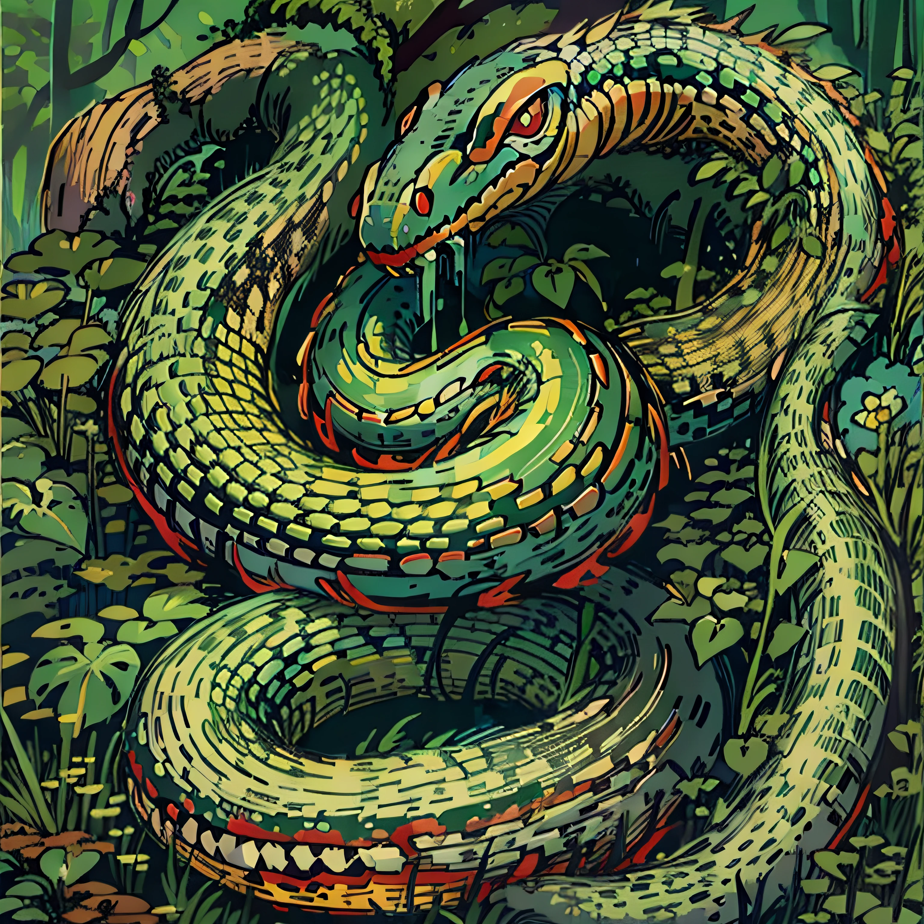 giant snake, green scale, Swamp, red eyes
