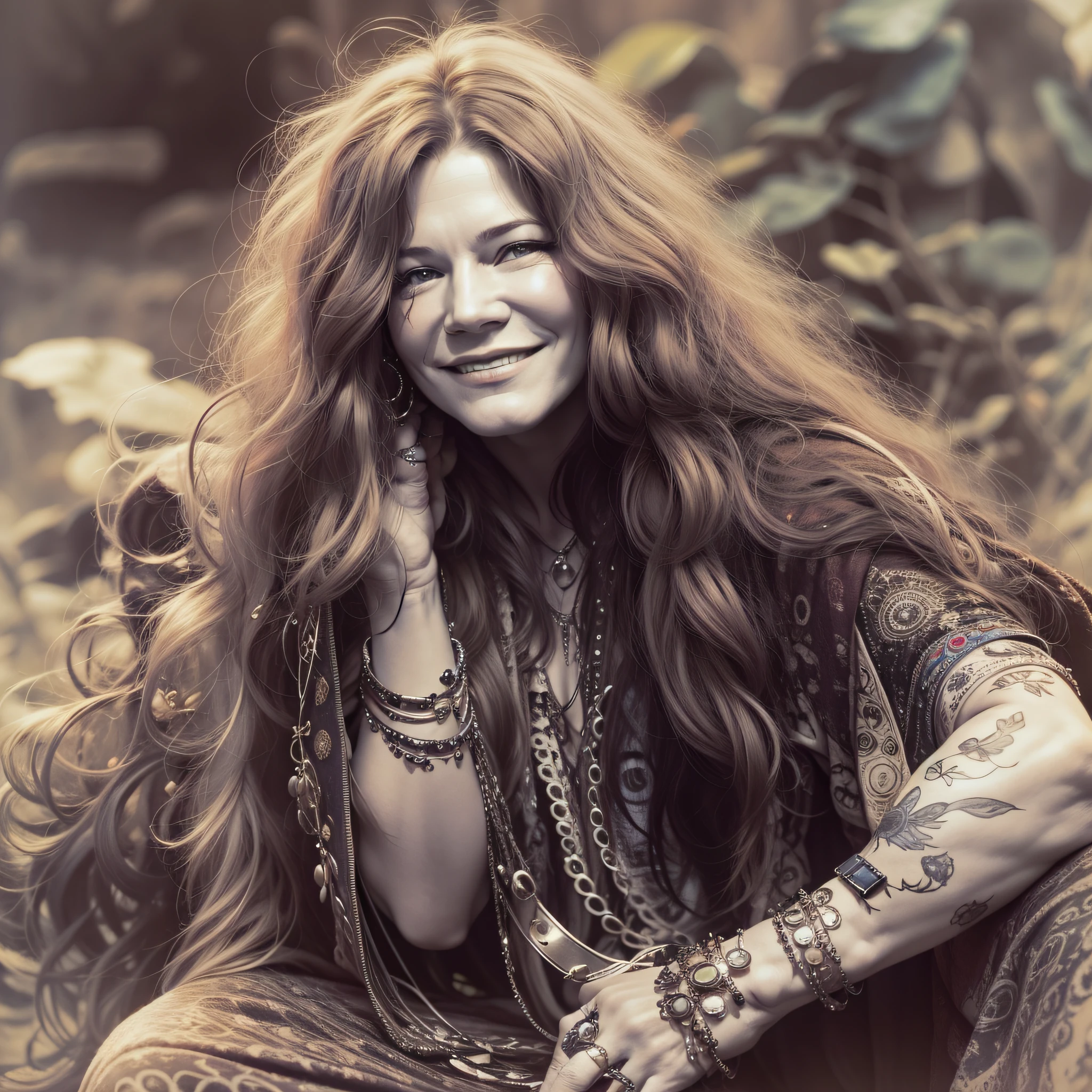 "JANIS JOPLIN CANTORA DE BLUES , anos 60, psicodelico , FUNDO HIPPIE , ESTILO SURREALISTA, vibrant lighting"