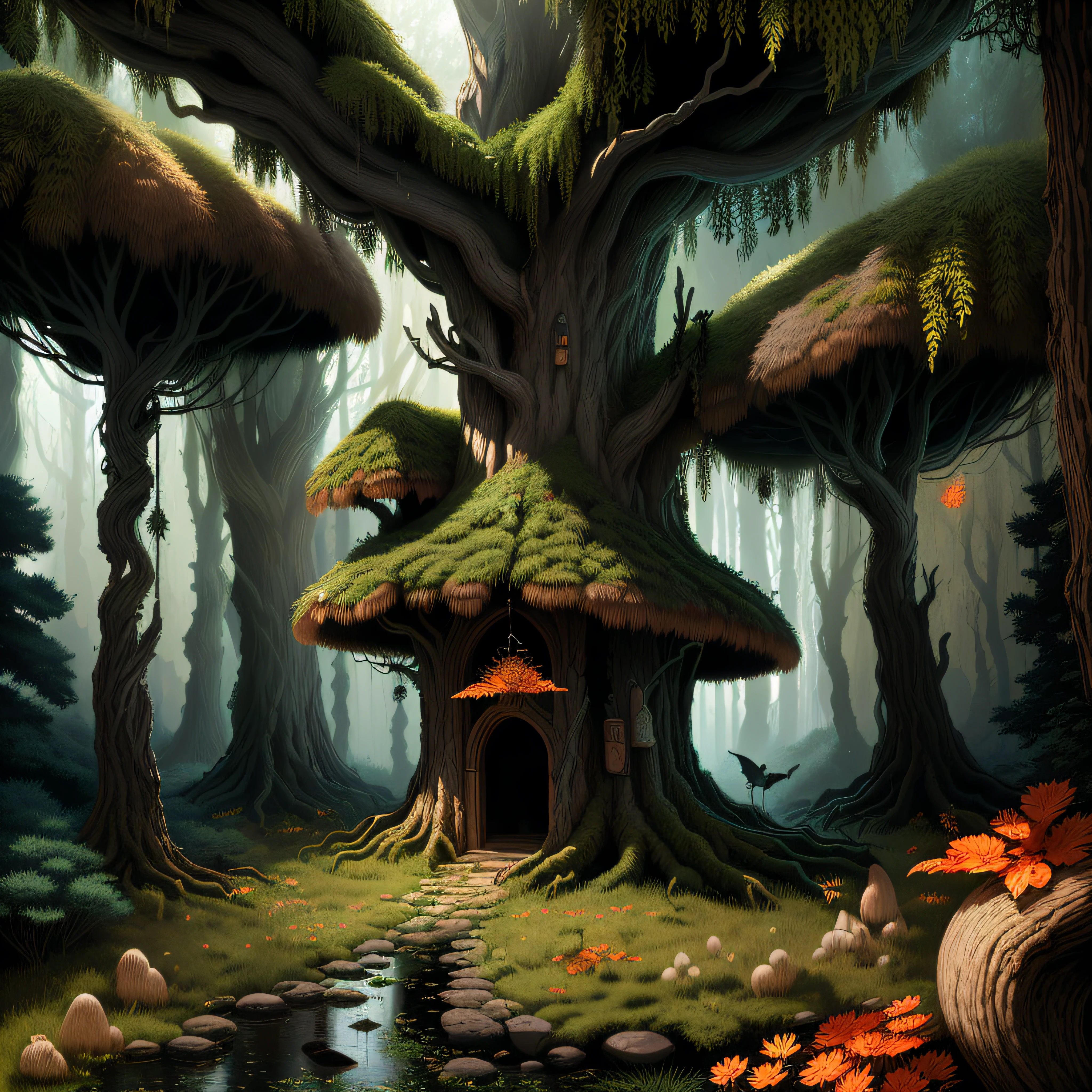 Hay muchos tipos diferentes de hongos y plantas en esta imagen, Highly detailed illustration, Bosque de hongos, magical forest background, magic forest, Bosque hecho de hongos, Highly detailed illustration.", enchanted magical fantasy forest, arte, Arte en color ultra detallado, Ilustraciones digitales altamente detalladas, very detailed illustration, magic fantasy highly detailed, Magical fantasy vegetation, setas y plantas
