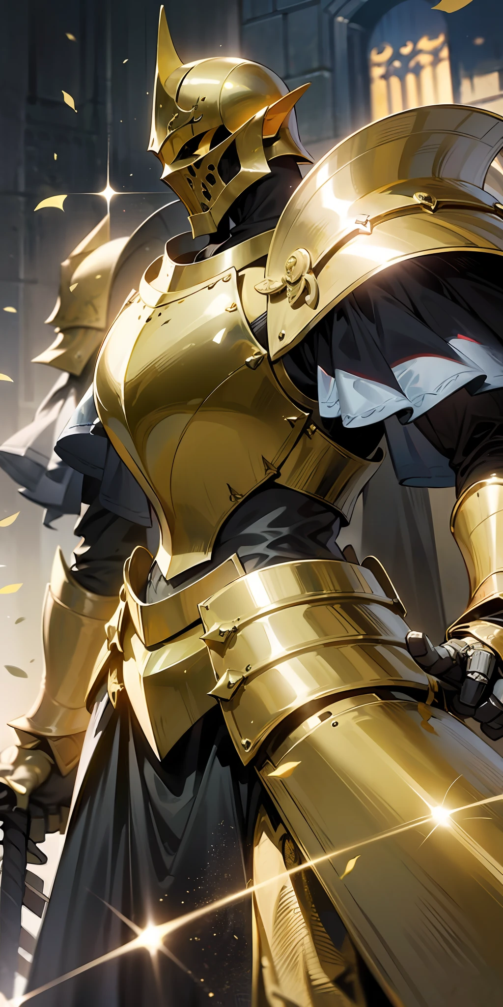 a close up of a statue of a knight with a sword, the dark souls knight, dark souls knight, gold obsidian armor, heavy gold obsidian armor, evil knight, light coming off of the armor, paladin golden armor, black and golden armor, golden dragonborn, in thick full bronze armour, elf knight, shining plate armor, gold paladin