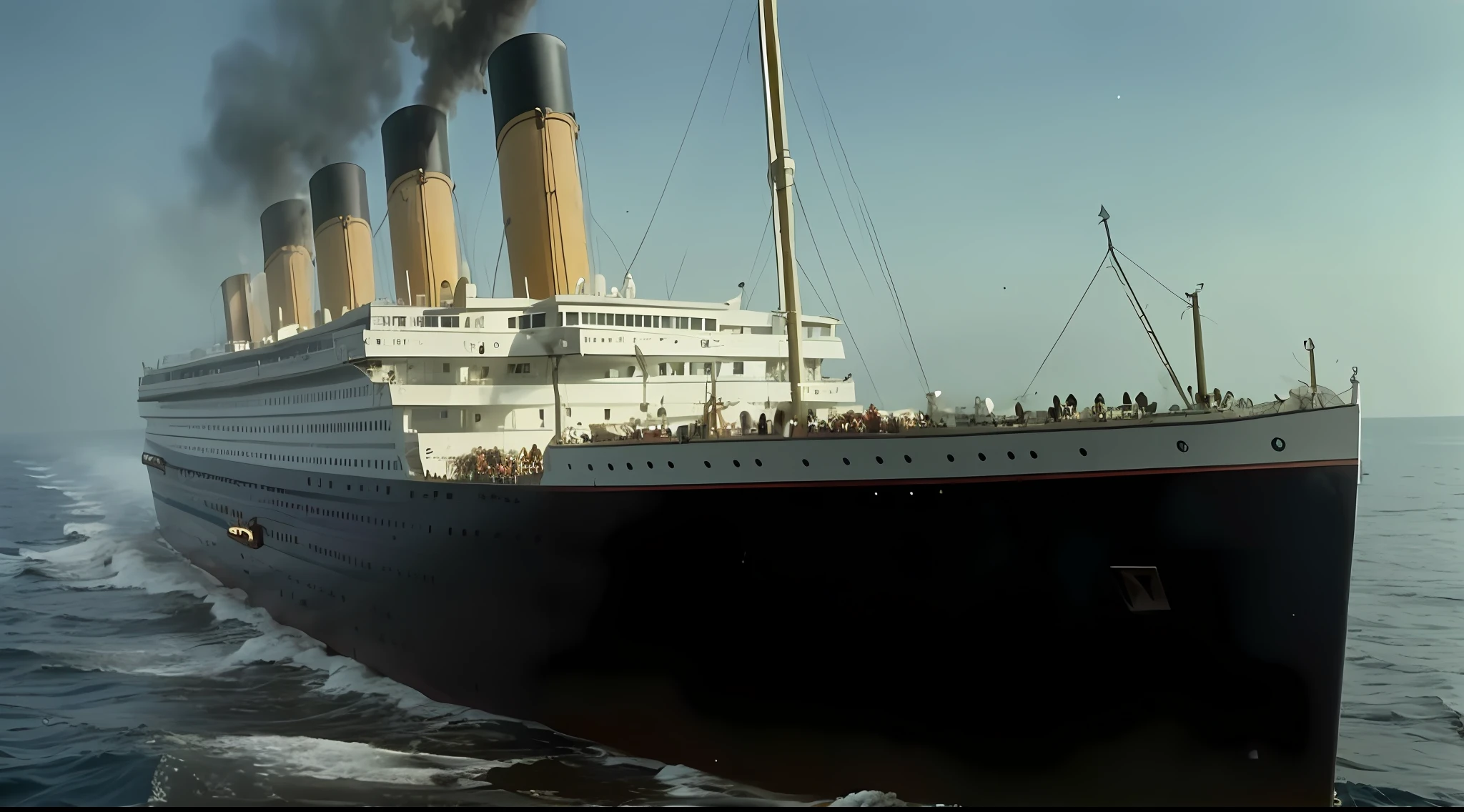 Ship in the ocean with smoke billowing from it, exterior of the ship Titanic, filming the titanic sinking, Titanic velas perto, Titanic, the titanic is sinking, 1914, 1 9 1 4, 1 9 1 0, 1910, 1904, Water surrounds the ship, 1 9 0 9, 1907