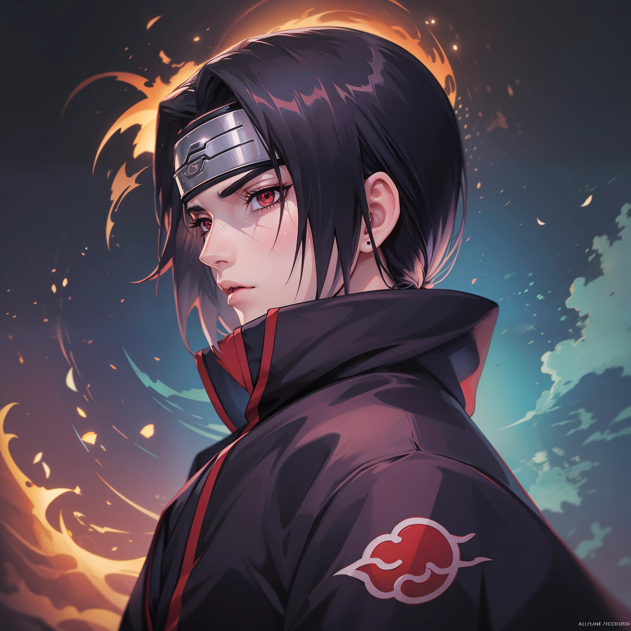 Uchiha Itachi, Naruto, estilo anime, Synthwave, corpo inteiro, 8k, altamente detalhado, disco Rigid
