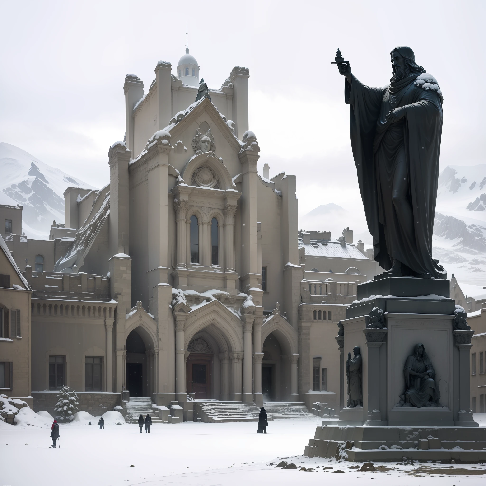 a large statue of a prophet, in the background a fovernamtal palace, a lot of snow and cold, day, some people walking in the street, cold and sober climate, Antarctica, South Pole, italian architecture, gothic, architectural brustalism.  Photography, fully detailed