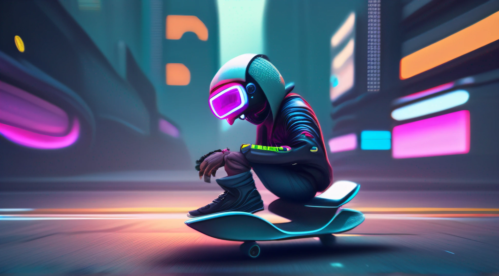 There's a man riding a turbo skateboard on a city street, Sofrer, cyberpunk robot, em estilo de bipe, fashionable cyberpunk mechanoid, no estilo cyberpunk, tem estilo cyberpunk, em cyberpunk city, 3 d render bipe, style hybrid mix of beeple, Estilo de arte cyberpunk, estilo Cyberpunk silenciado, Estilo Beeple, Cyberpunk Rua Goon, cyberpunk mechanoid, Sofremos cyberpunk, skate turbo