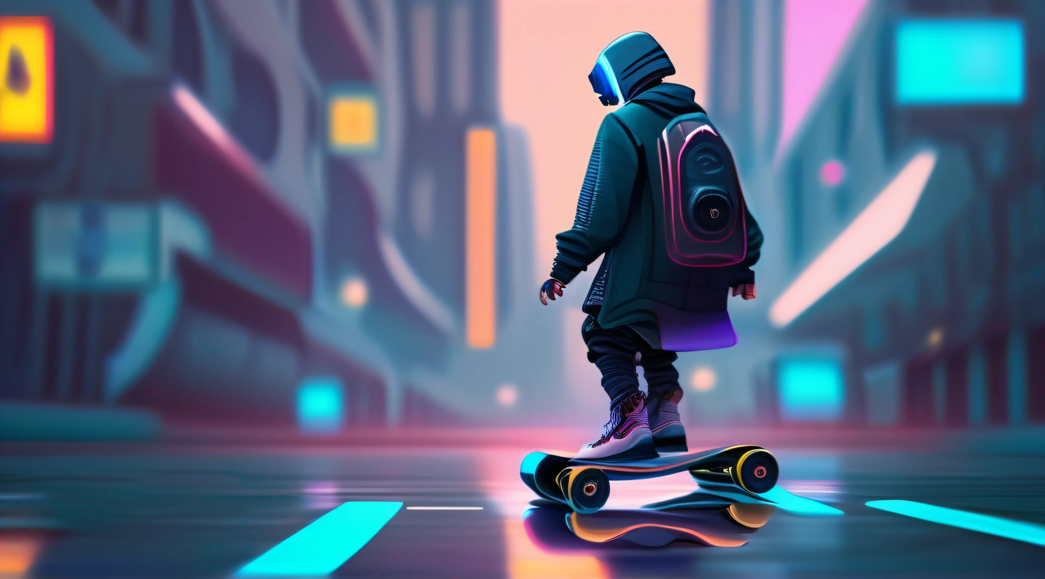 There's a man riding a turbo skateboard on a city street, Sofrer, cyberpunk robot, em estilo de bipe, fashionable cyberpunk mechanoid, no estilo cyberpunk, tem estilo cyberpunk, em cyberpunk city, 3 d render bipe, style hybrid mix of beeple, Estilo de arte cyberpunk, estilo Cyberpunk silenciado, Estilo Beeple, Cyberpunk Rua Goon, cyberpunk mechanoid, Sofremos cyberpunk, skate turbo
